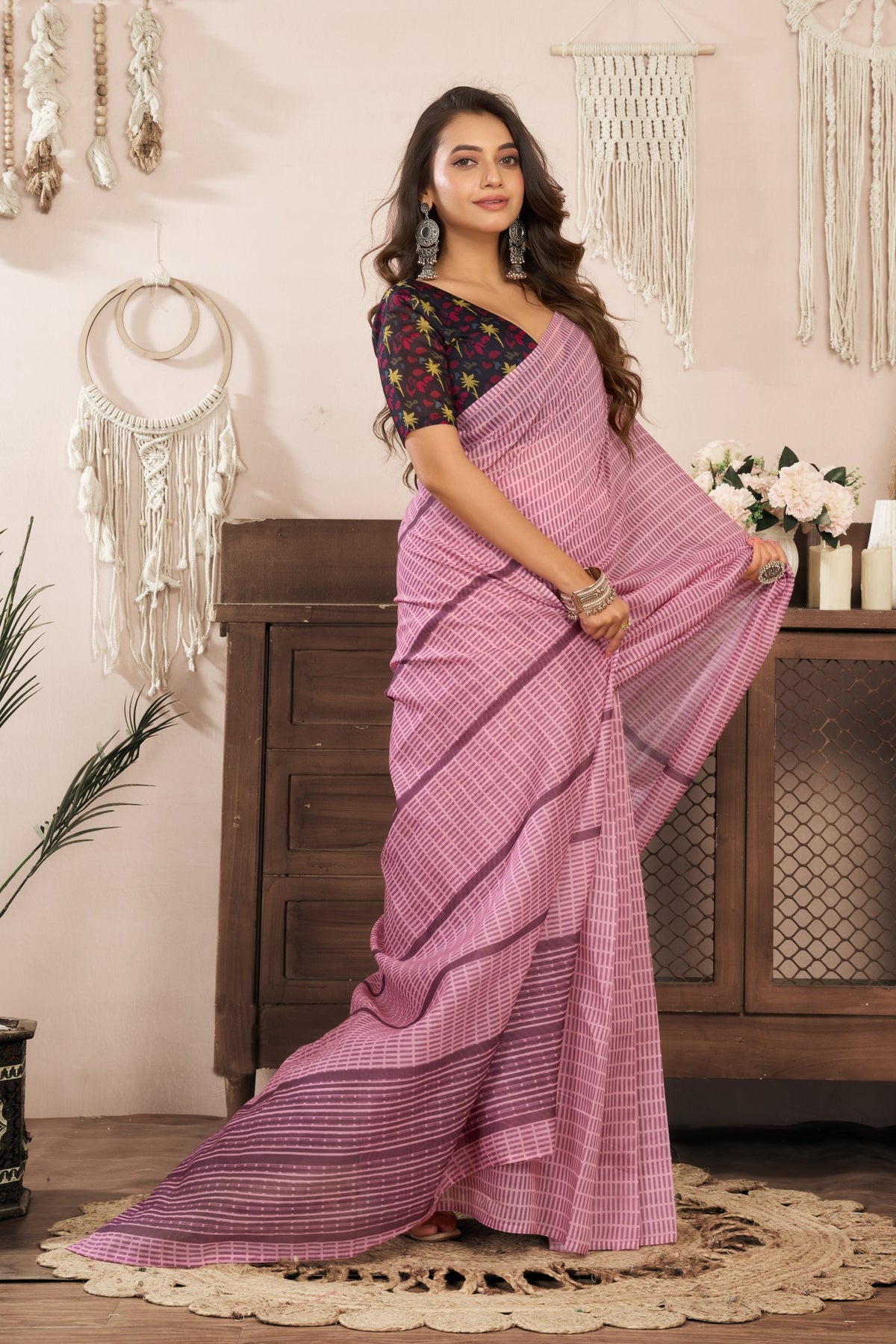 Peach Linen Ready To Wear Saree With Zari Border Printed