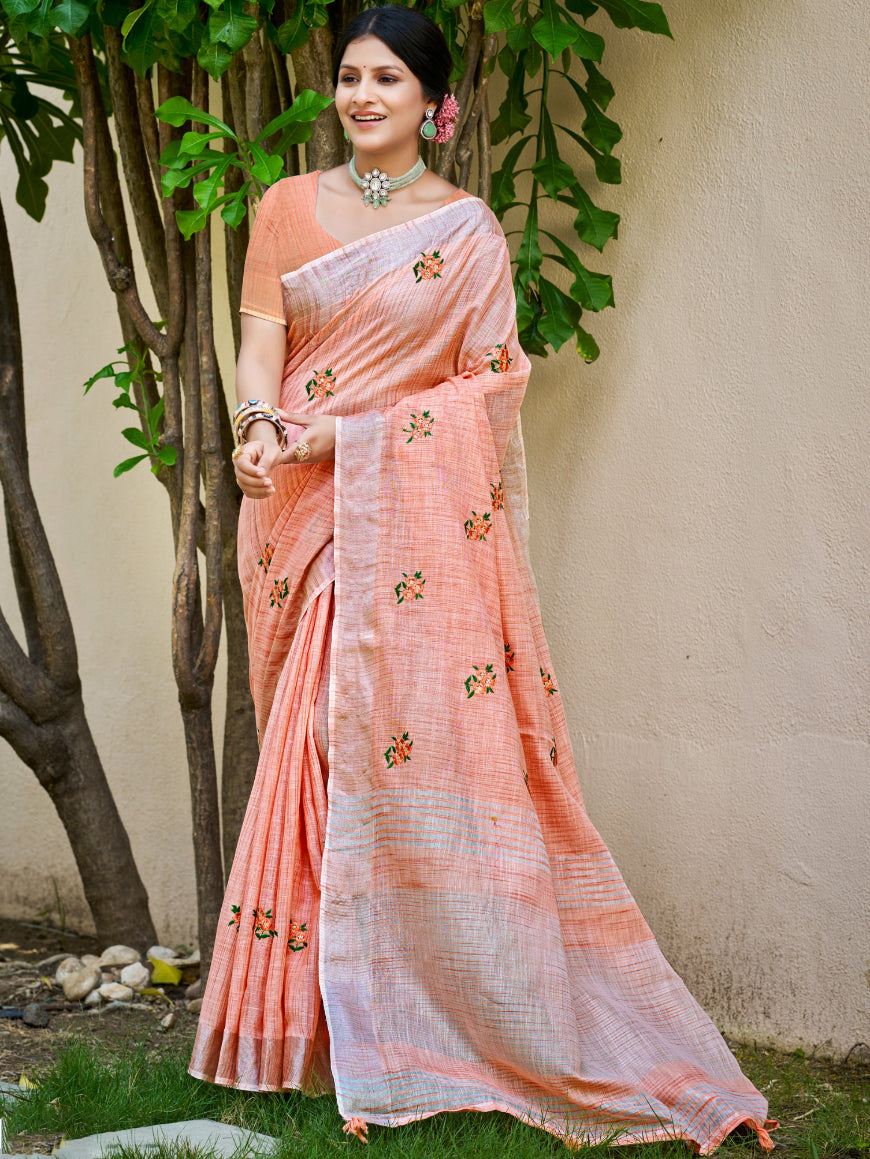 Peach Linen Saree With Heritage Vibes and Modern Appeal
