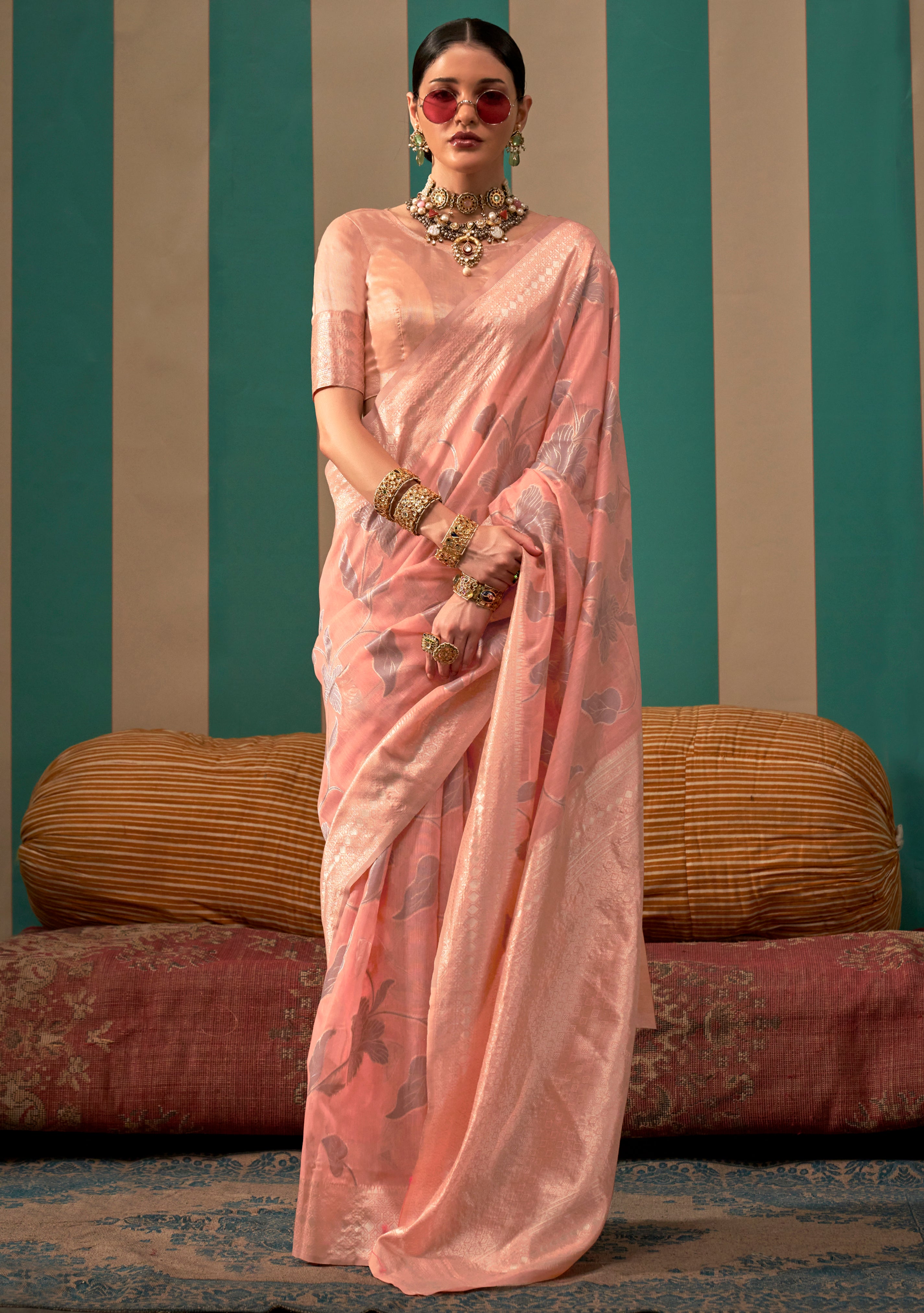 Peach Linen Saree With  Jacquard Woven Work