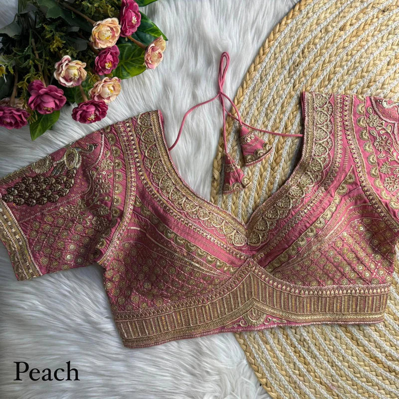 Peach Luxe Bridal Roman Silk Blouse with Gold Zari, Embroidery & Sequins