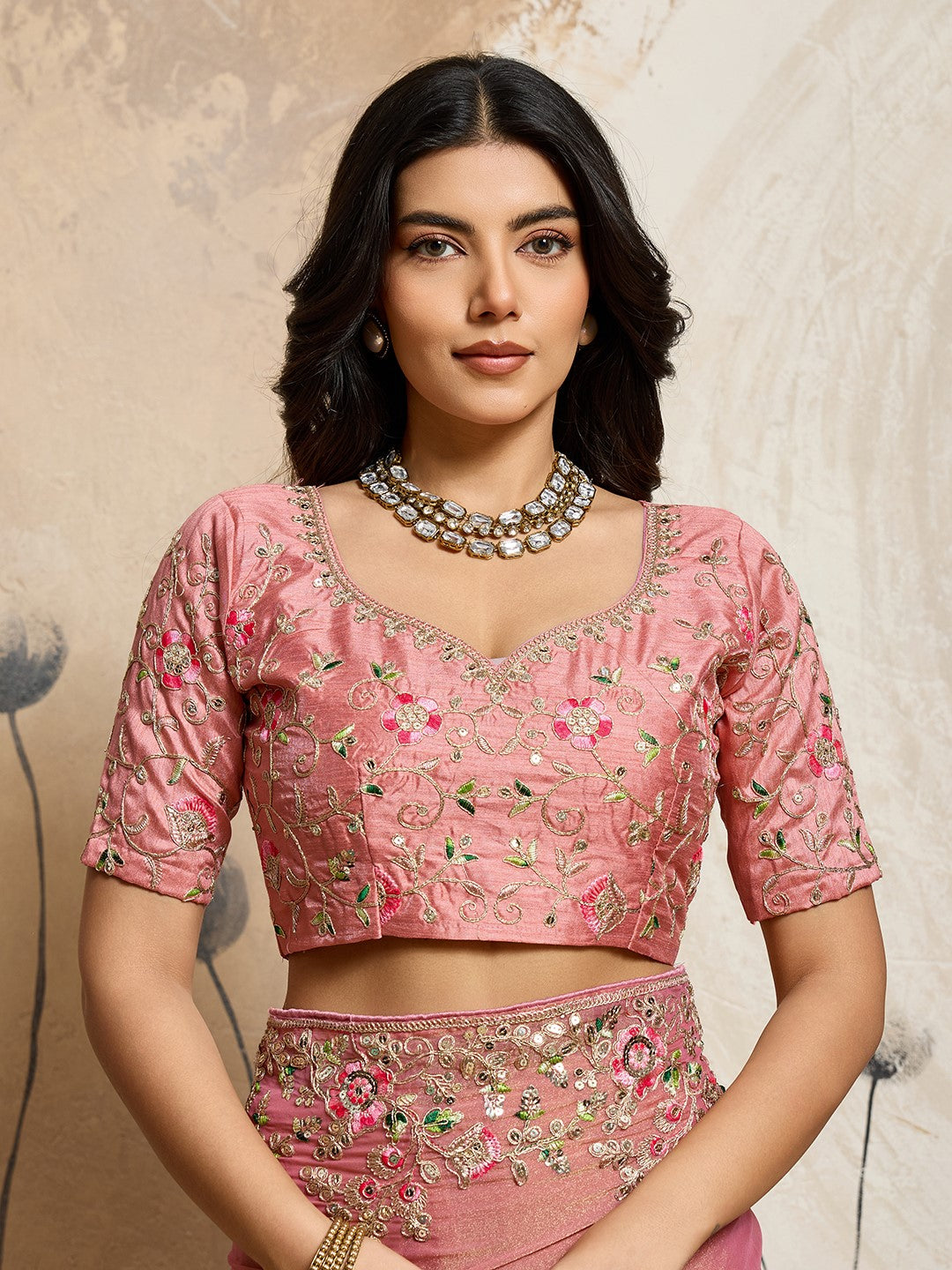 Peach Moss Chiffon Saree With Classic Embroidery
