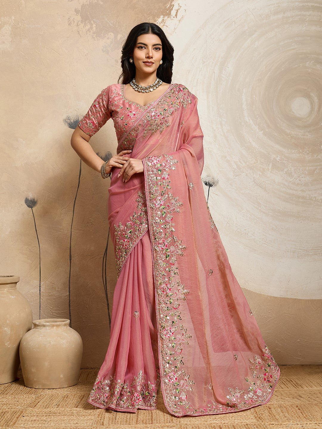 Peach Moss Chiffon Saree With Classic Embroidery