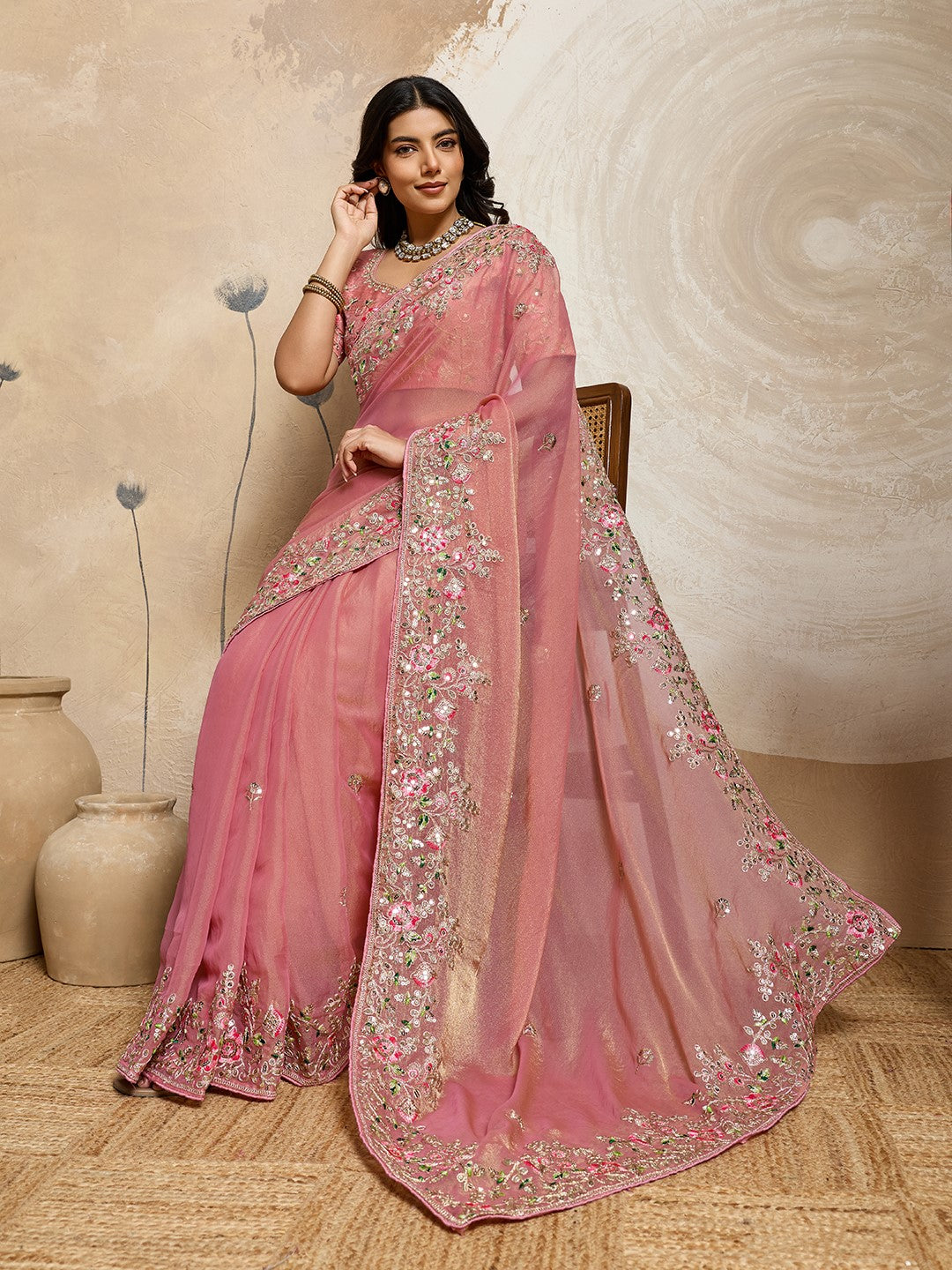 Peach Moss Chiffon Saree With Classic Embroidery