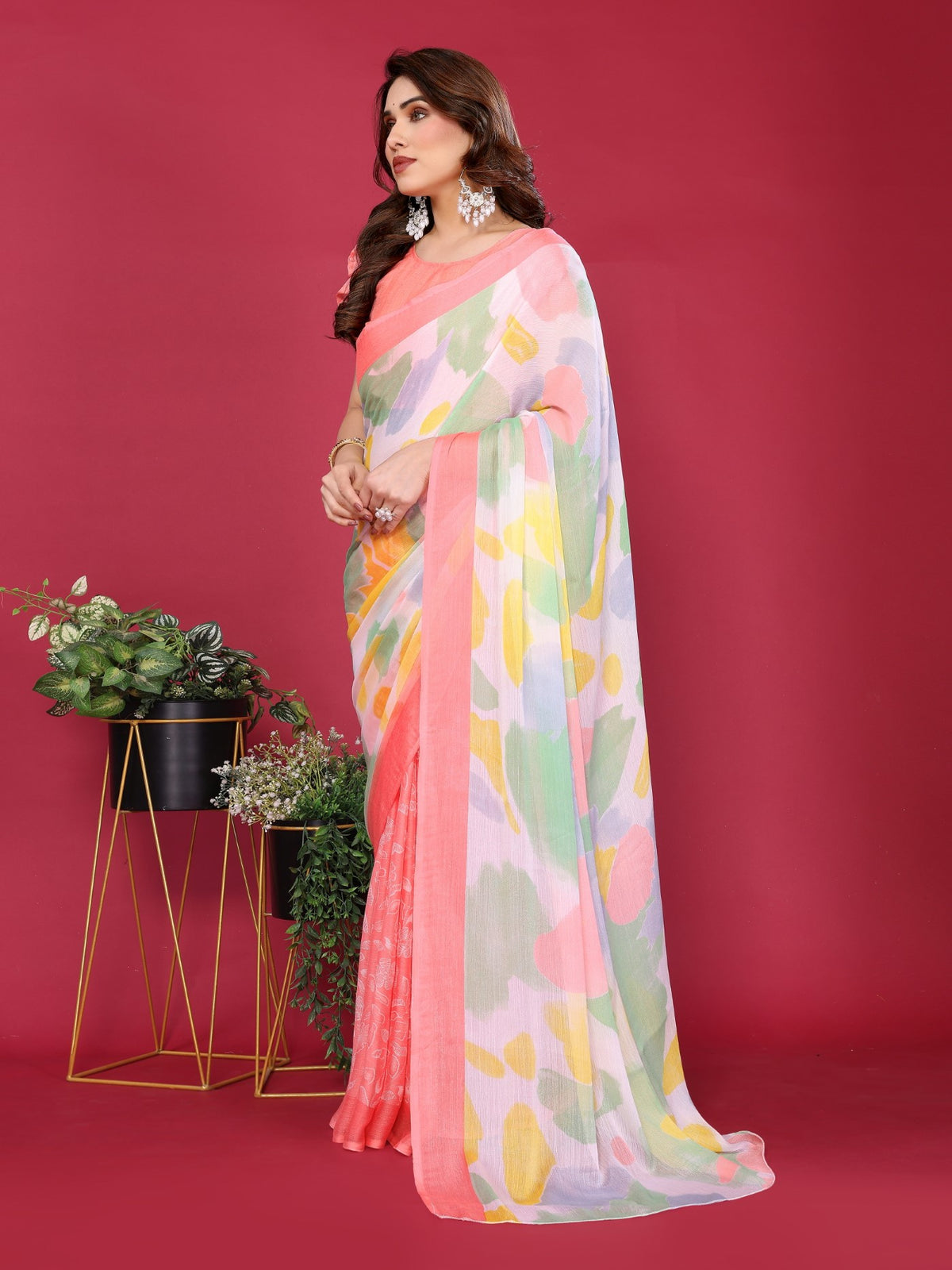 Peach Moss Chiffon Saree With Elegant Printed Design
