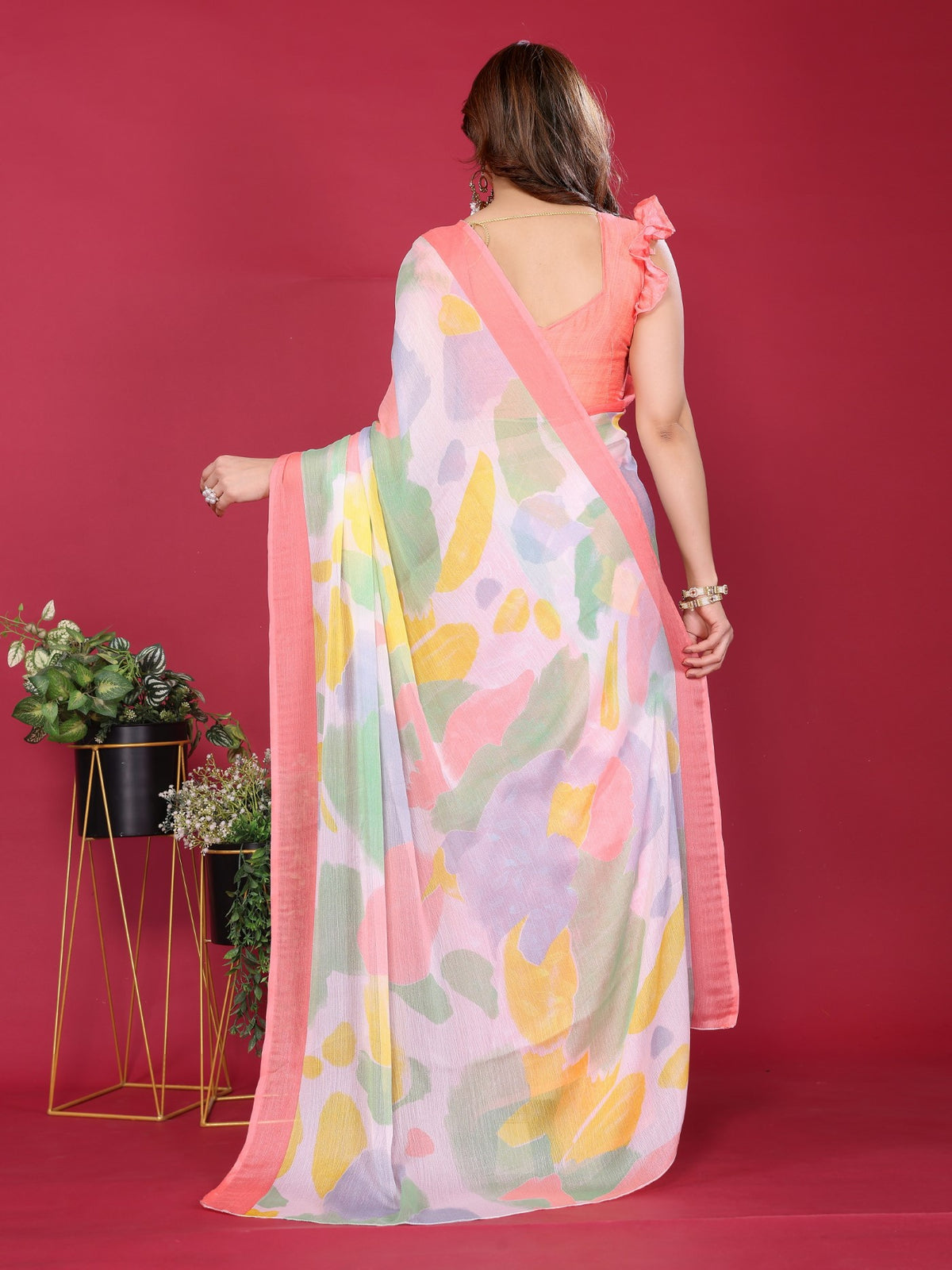 Peach Moss Chiffon Saree With Elegant Printed Design