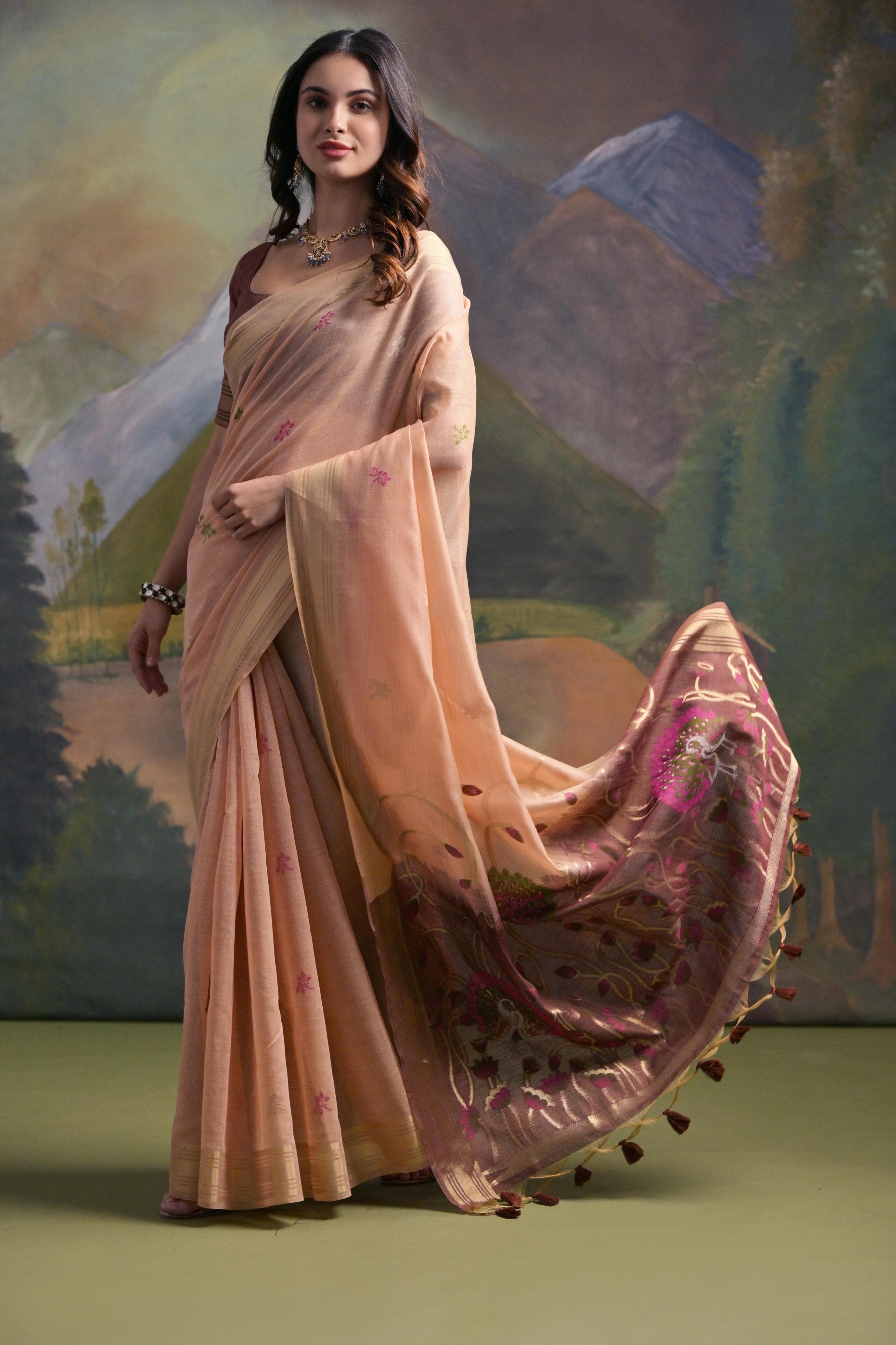 Peach Muga Cotton Saree with Peacock Pallu and Butti Weaves