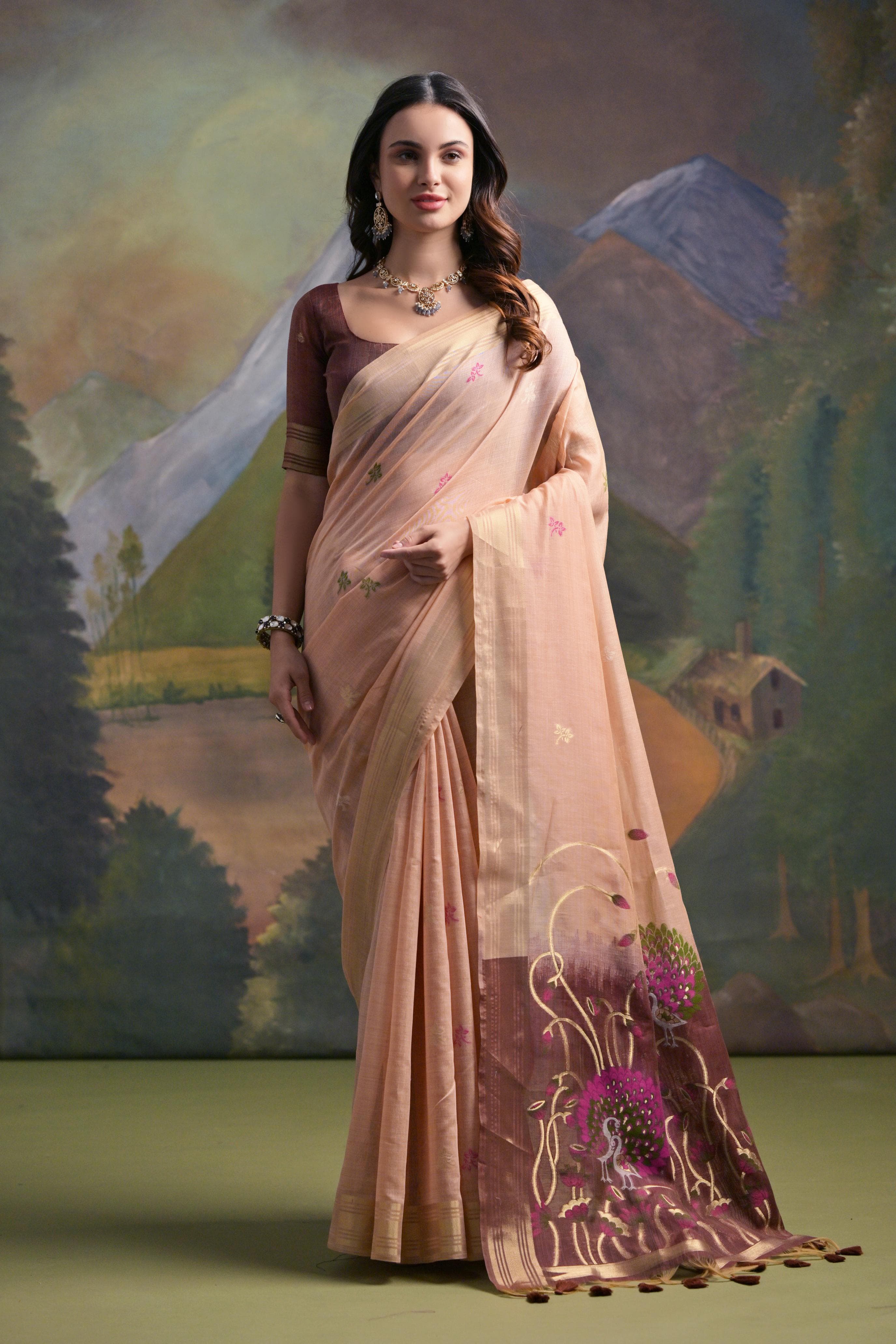 Peach Muga Cotton Saree with Peacock Pallu and Butti Weaves