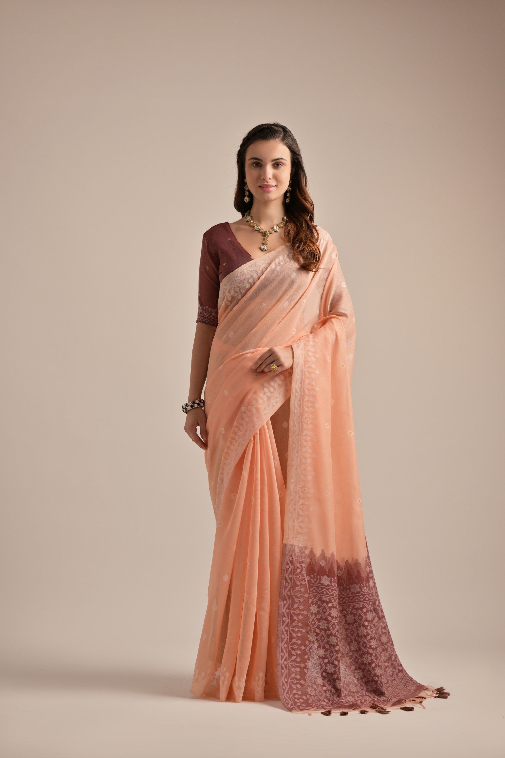 Peach Muga Cotton Saree with Thread Butti and Lakhnawi Pallu