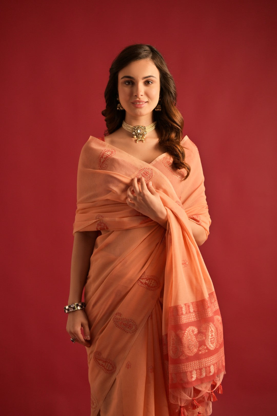 Peach Mul Cotton Saree with Keri Pallu and Butti Weaves