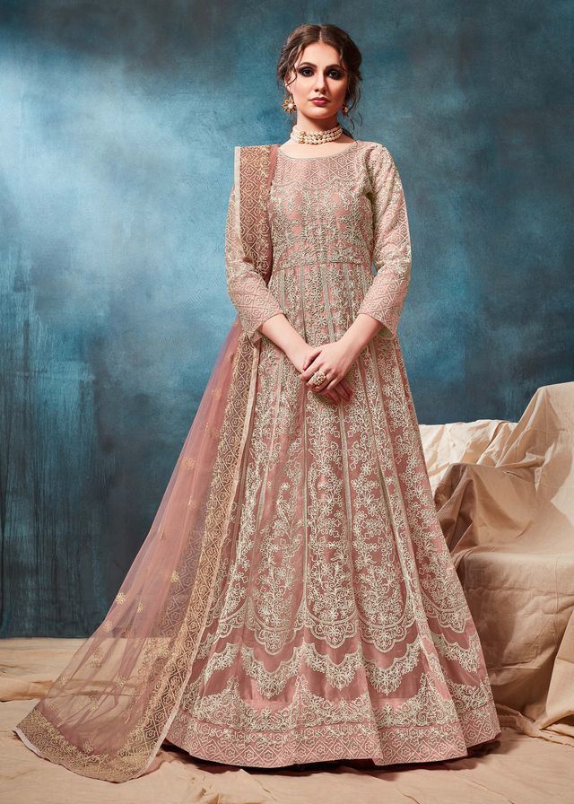 Peach Net Embroidered  Anarkali Suits