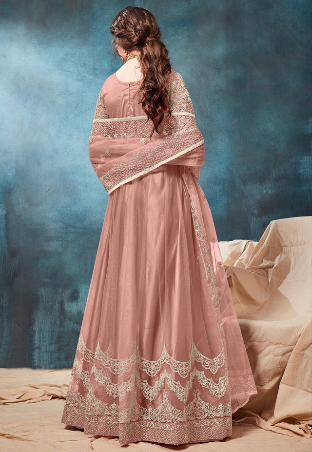 Peach Net Embroidered  Anarkali Suits