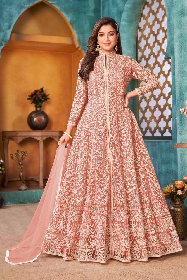 Peach Net Heavy Thread Embroidery With Sequins Work  Anarkali Suits