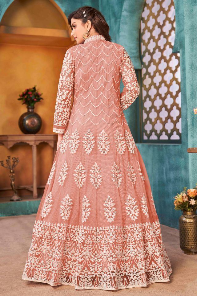 Peach Net Heavy Thread Embroidery With Sequins Work  Anarkali Suits