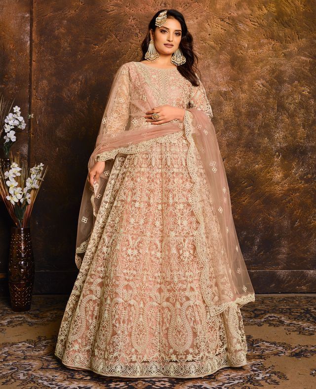 Peach Net Heavy Thread Embroidery Work  Anarkali Suits