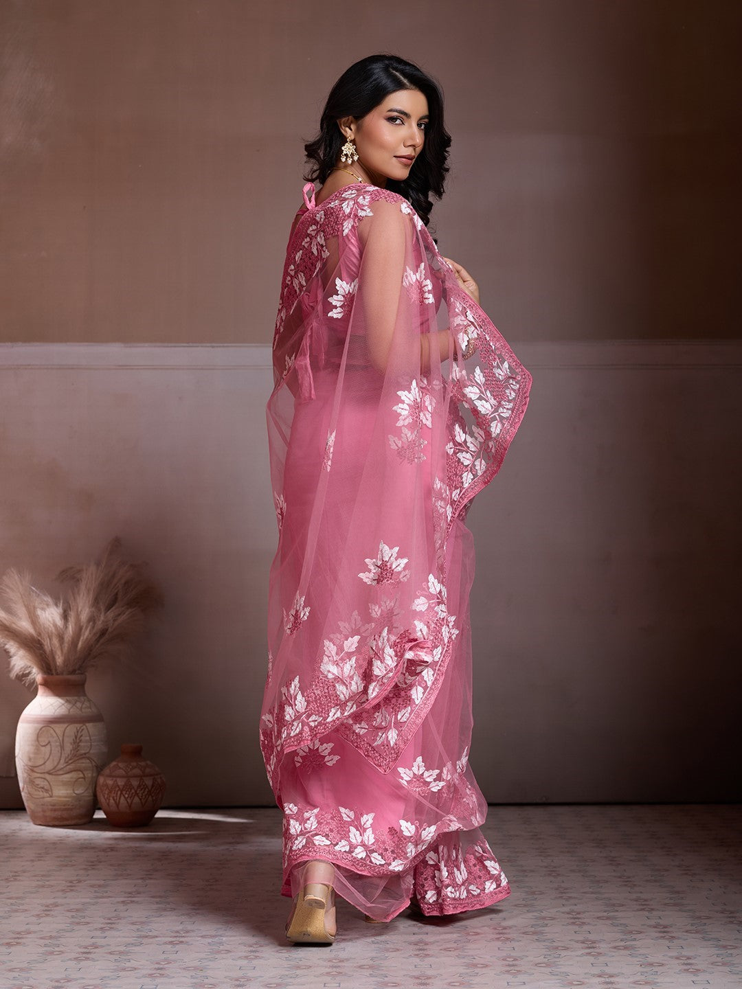 Peach Net Saree With Embroidery Premium Traditional Saree