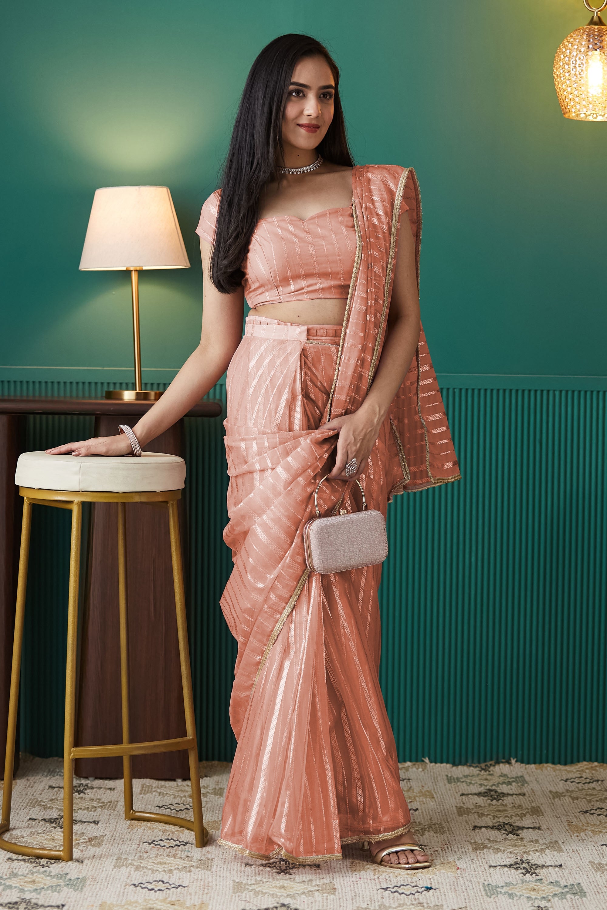 Peach Organza Designer Foil Printed Partywear Saree