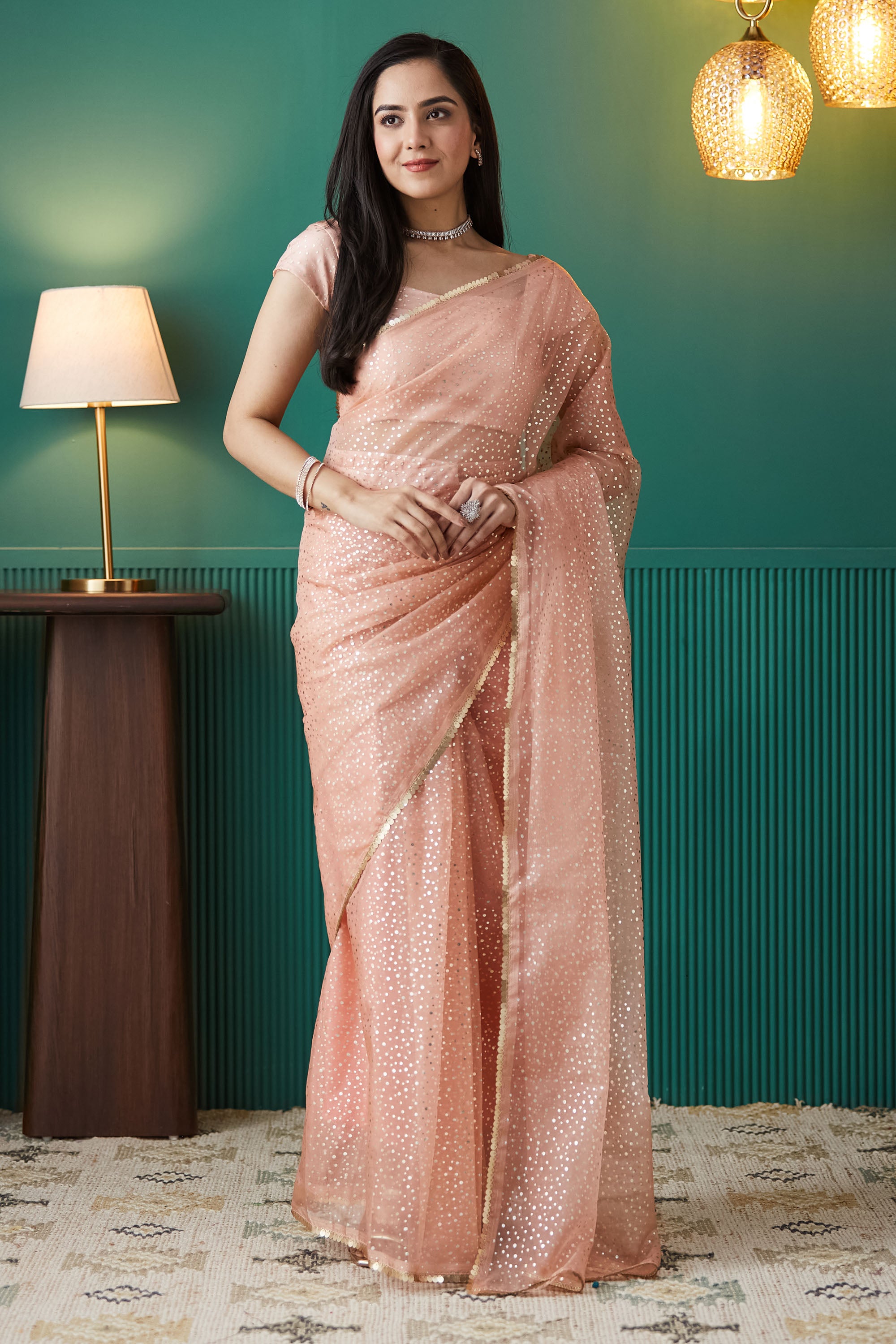 Peach Organza Designer Foil Printed Ready To Wear Saree