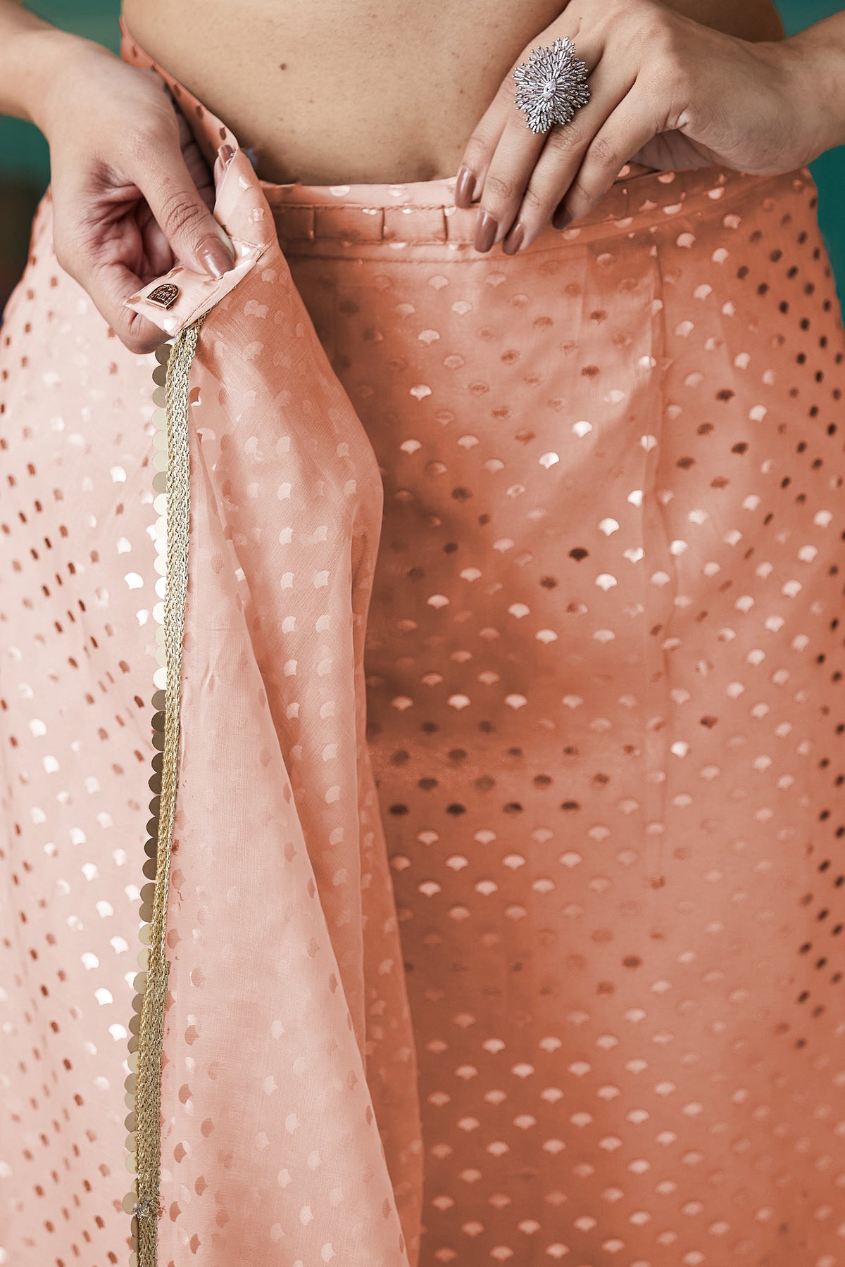 Peach Organza Designer Foil Printed Ready To Wear Saree