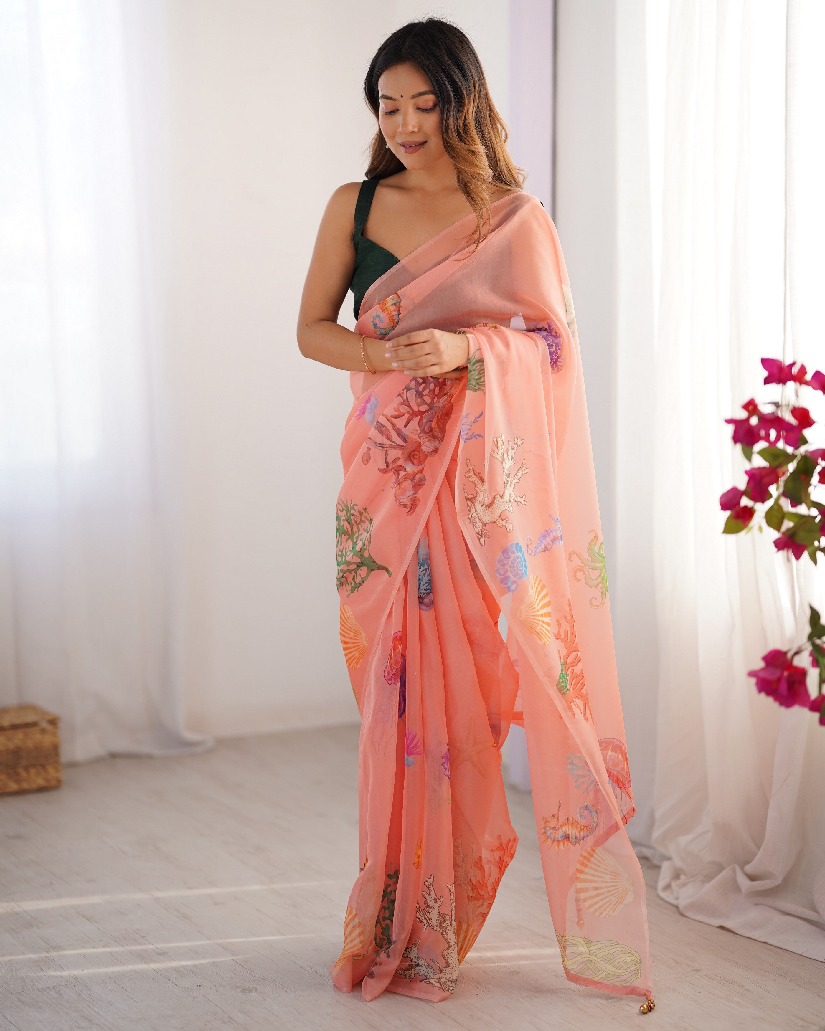 Peach Organza Designer Printed Partywear Saree