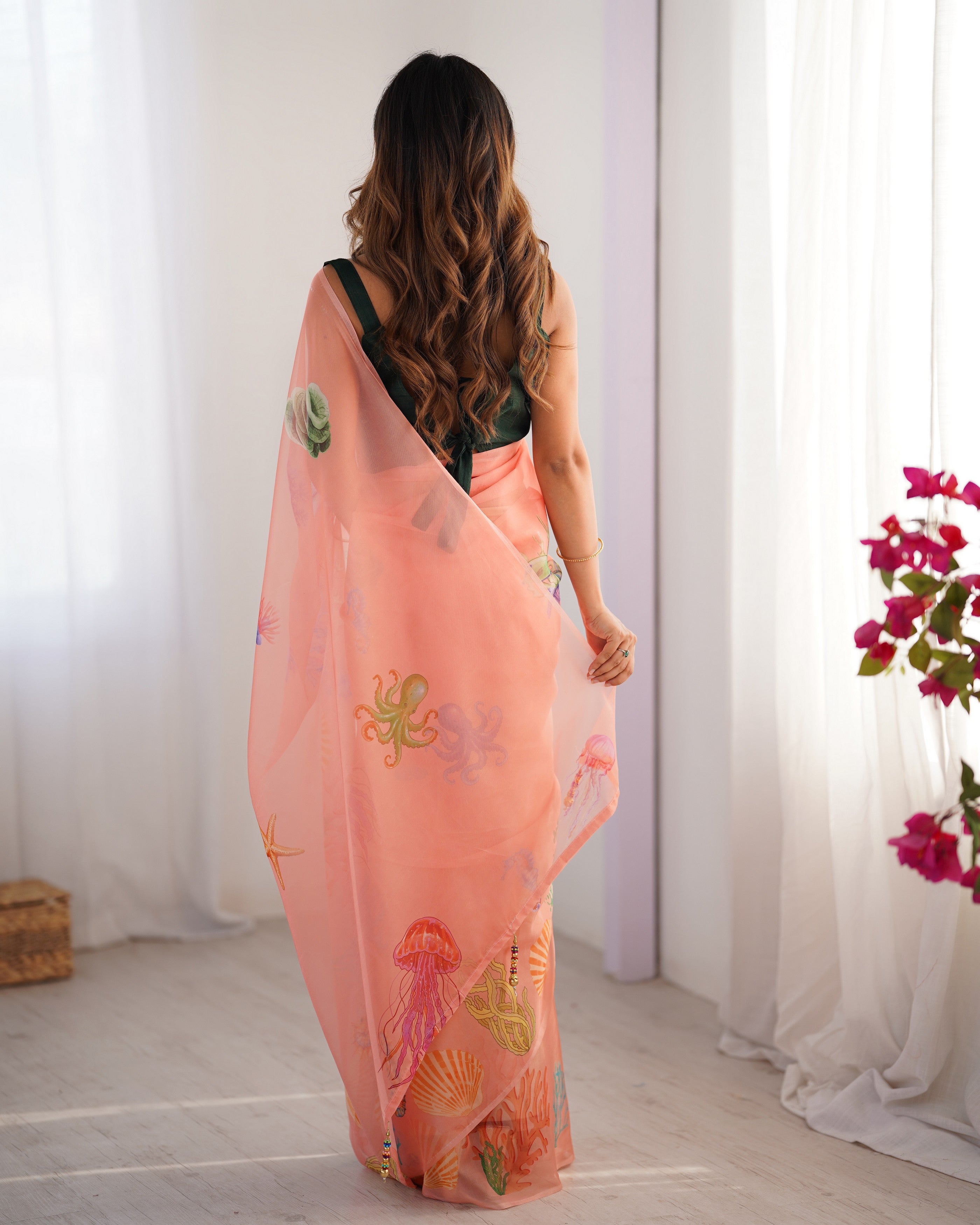 Peach Organza Designer Printed Partywear Saree