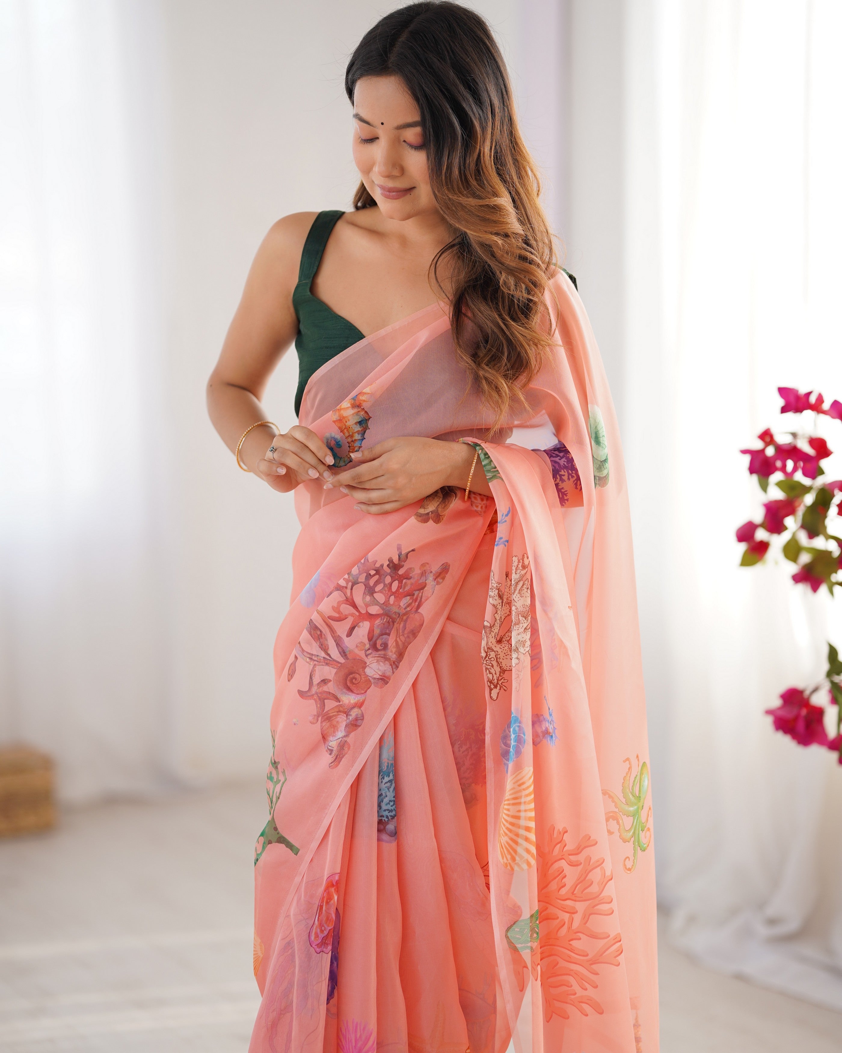 Peach Organza Designer Printed Partywear Saree