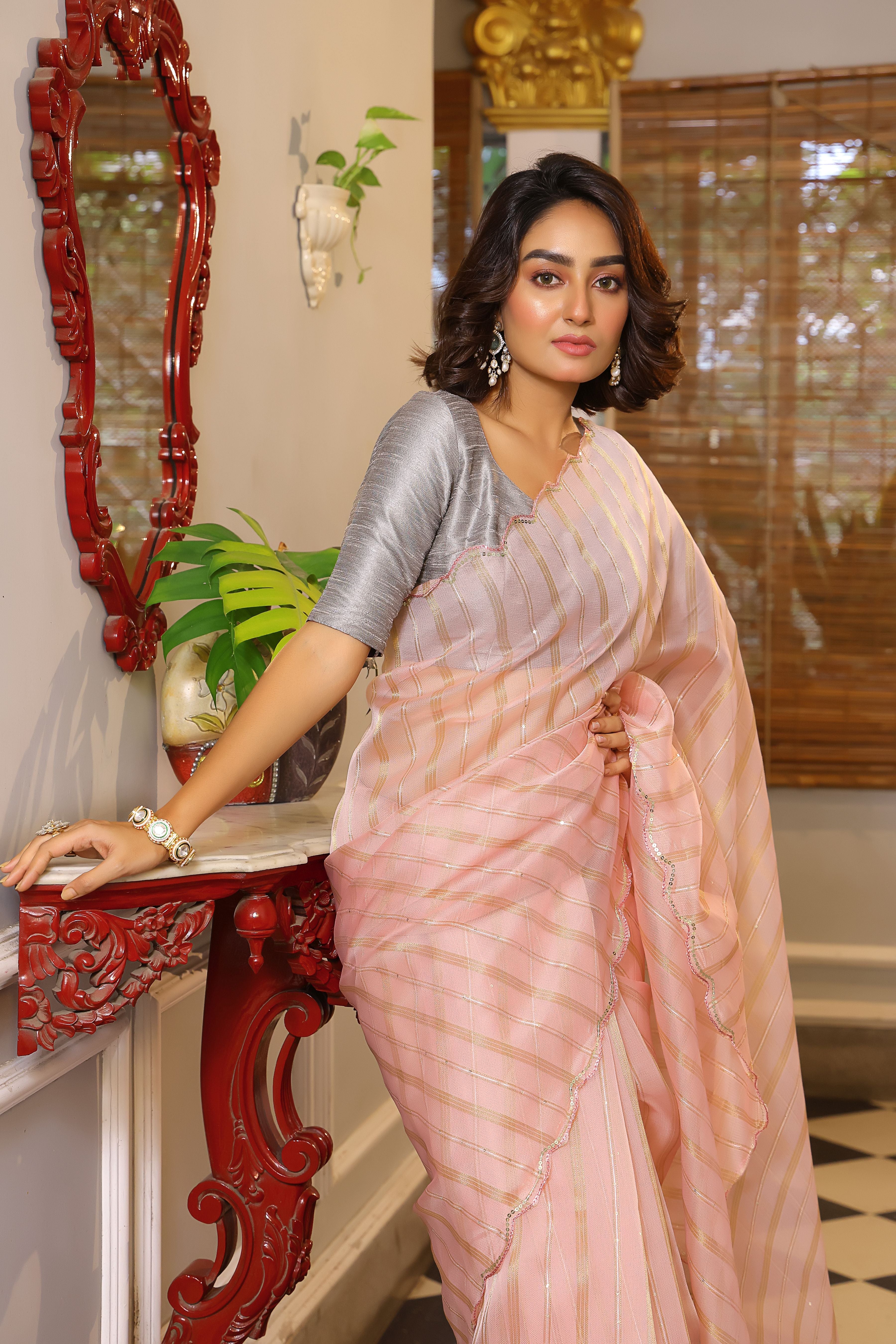 Peach Organza Partywear Sequins Work Arco Cut Work Saree