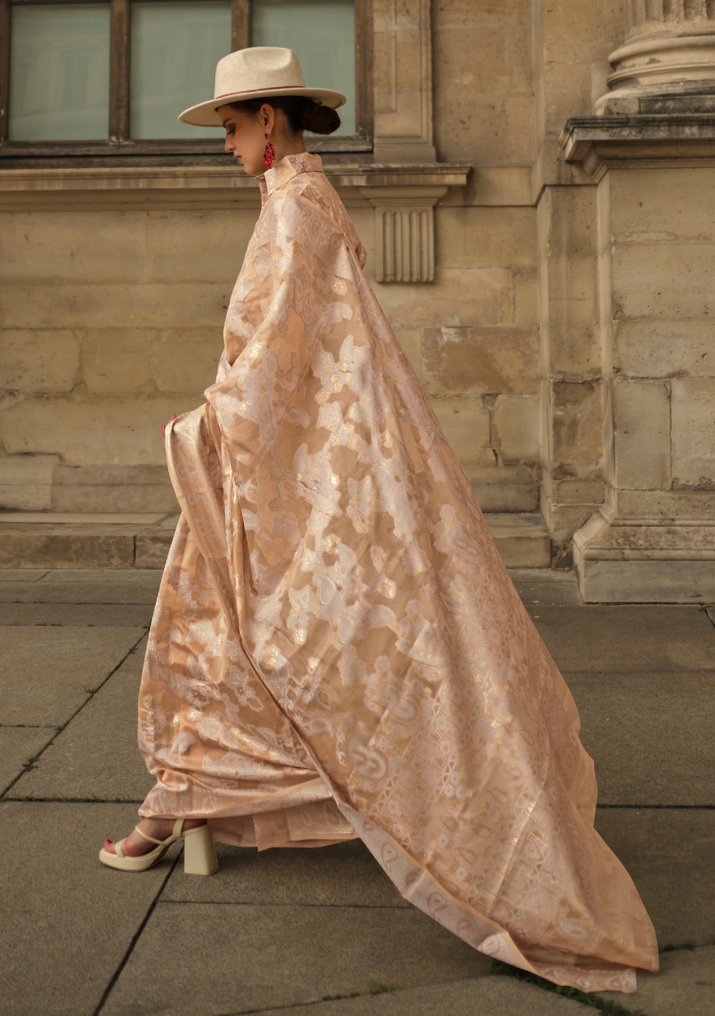 Peach Organza Saree With Jacquard Woven Chikankari Work