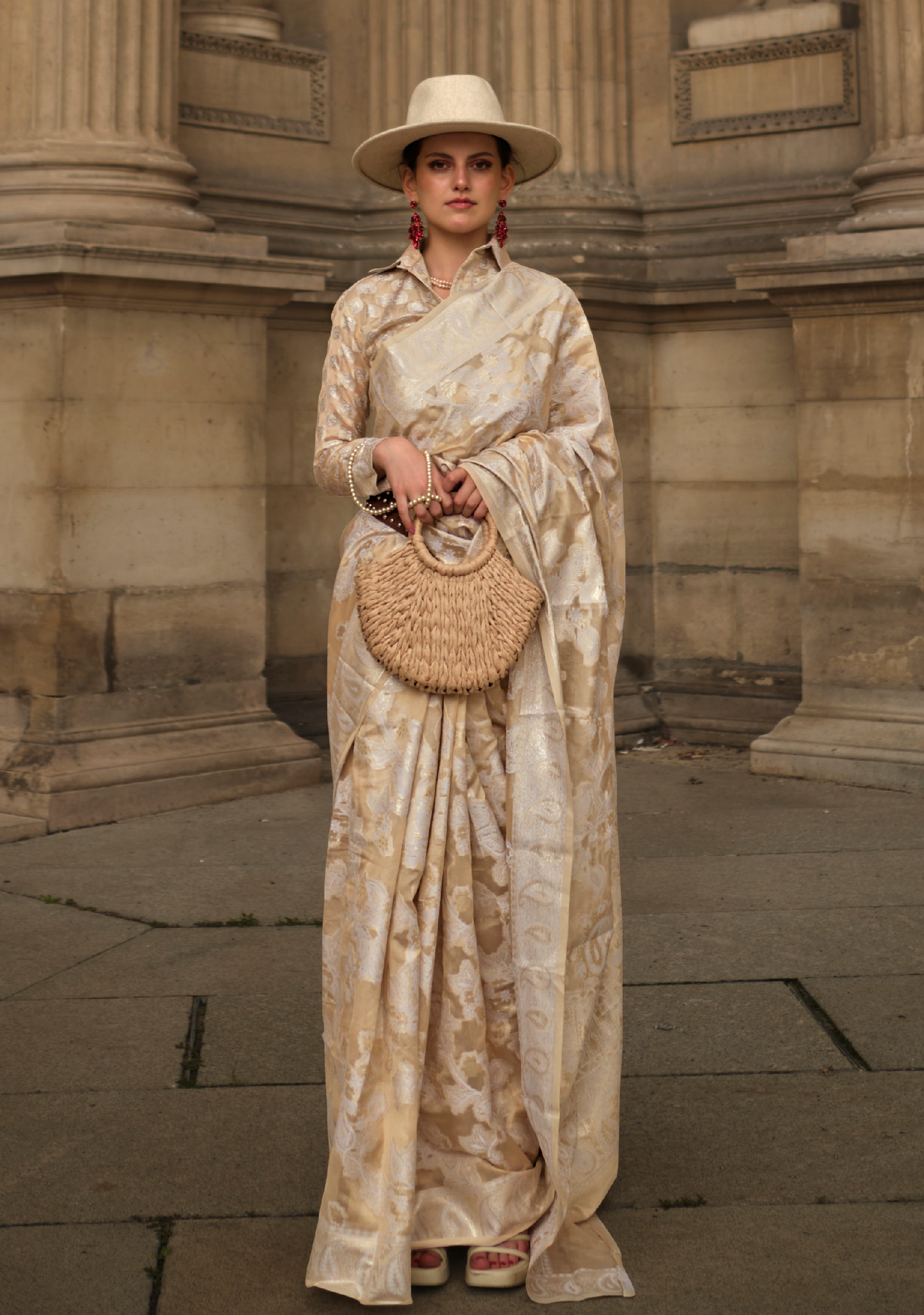 Peach Organza Saree With Jacquard Woven Chikankari Work
