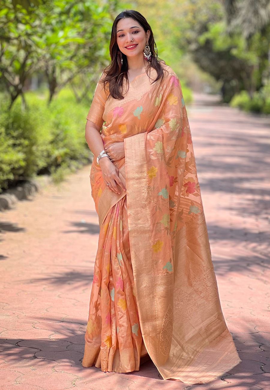 Peach Organza Saree With Woven Work