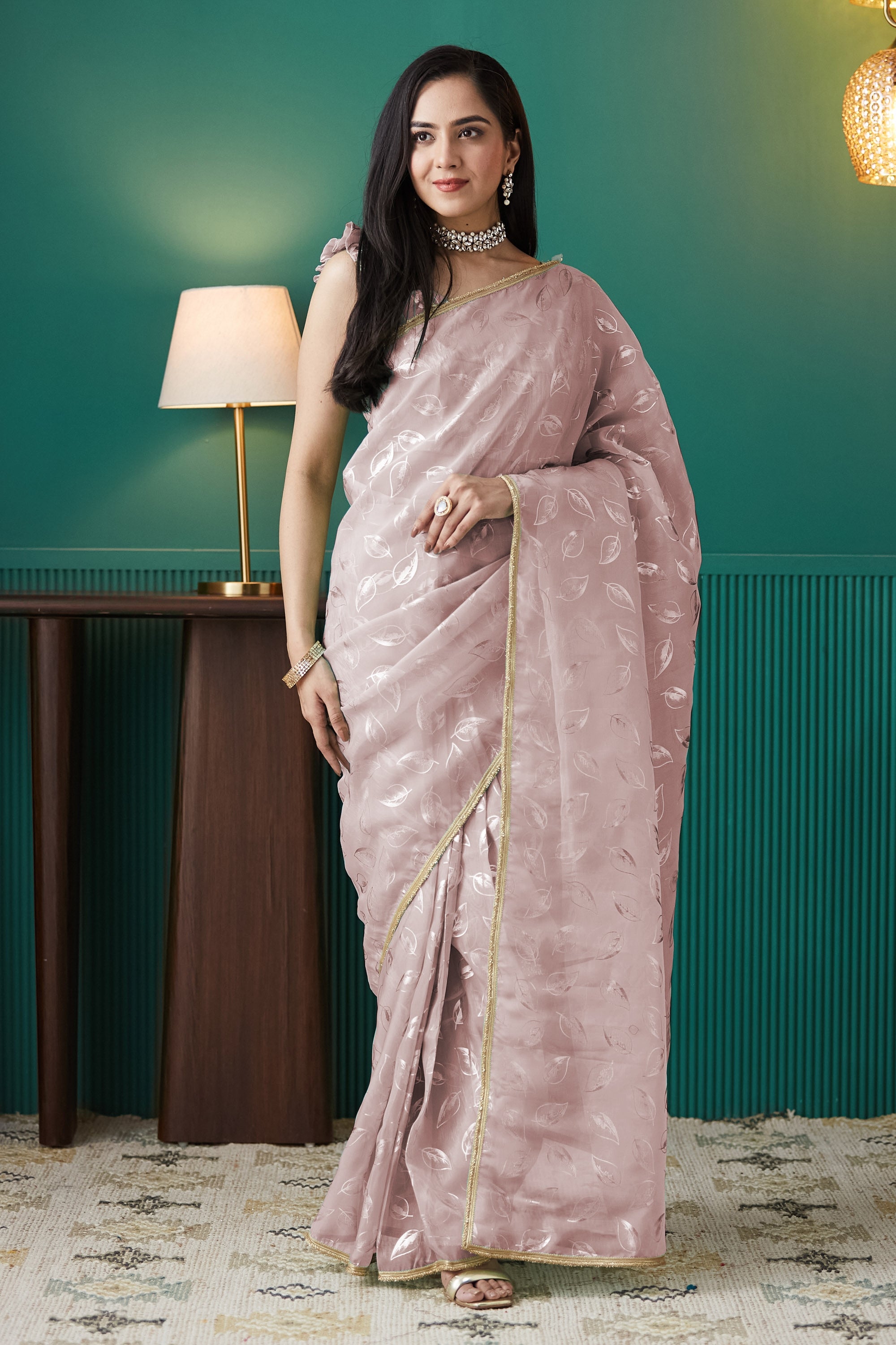 Peach Organza Solid Designer Foil Printed Saree