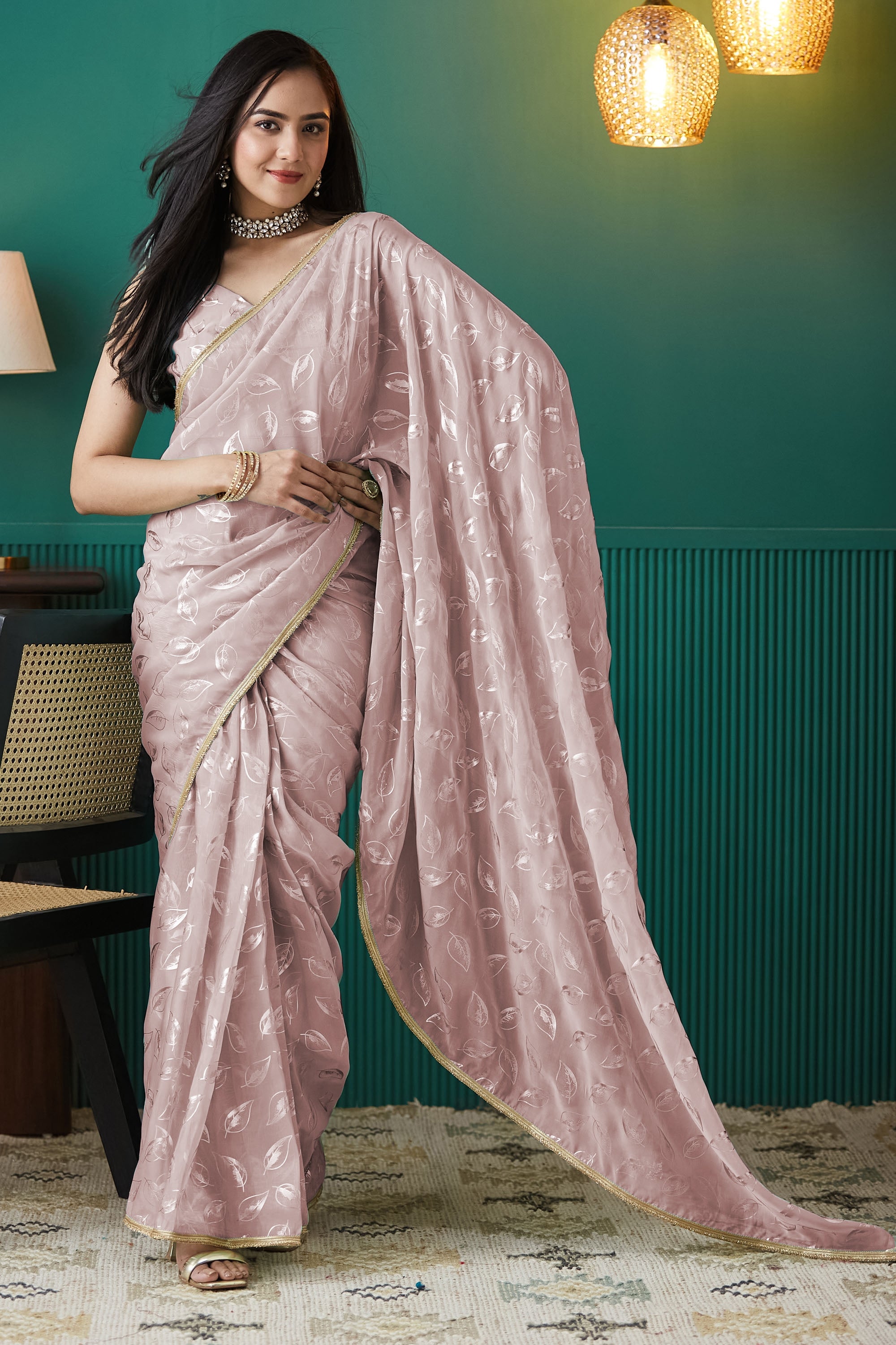 Peach Organza Solid Designer Foil Printed Saree