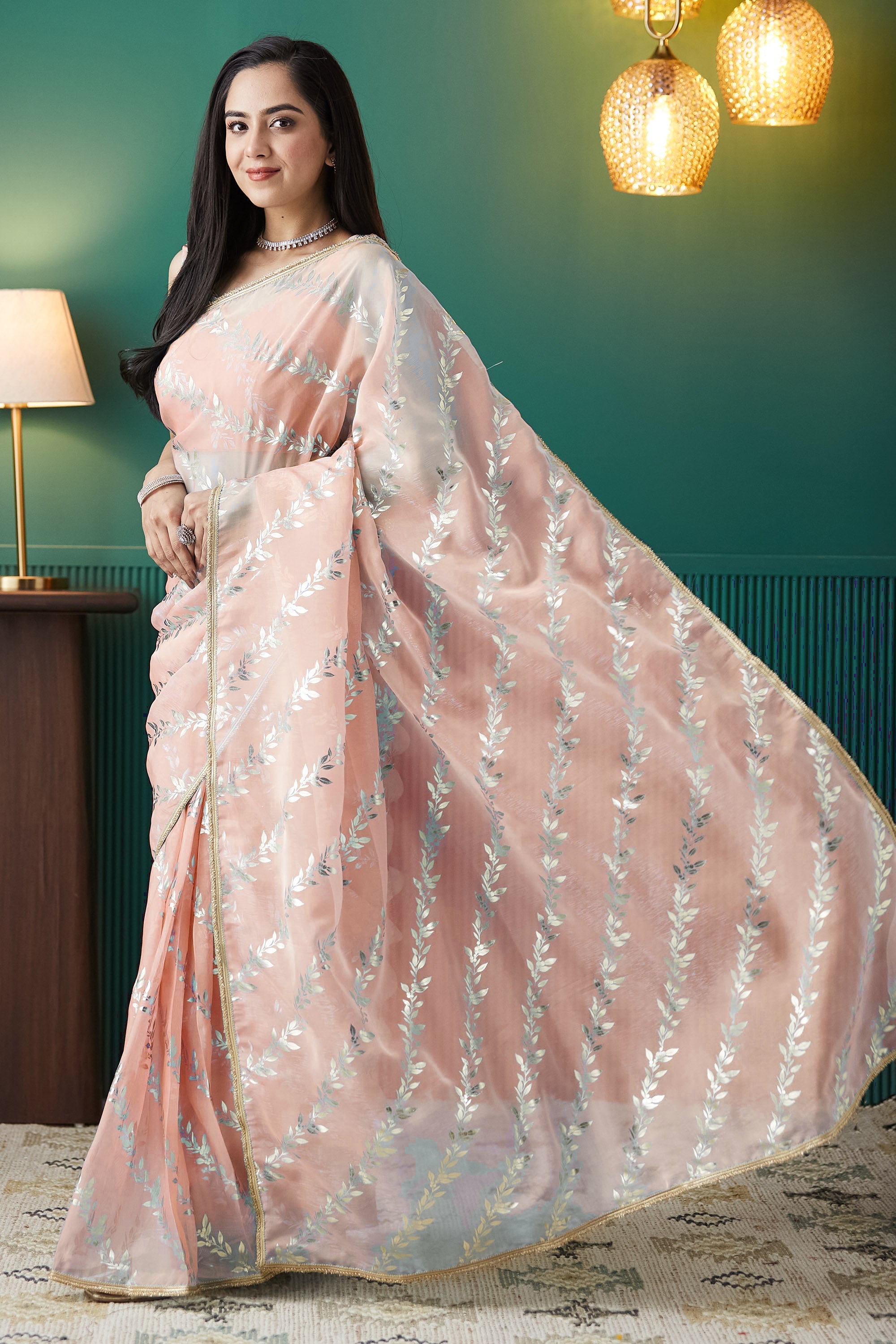 Peach Organza Solid Designer Foil Printed Saree