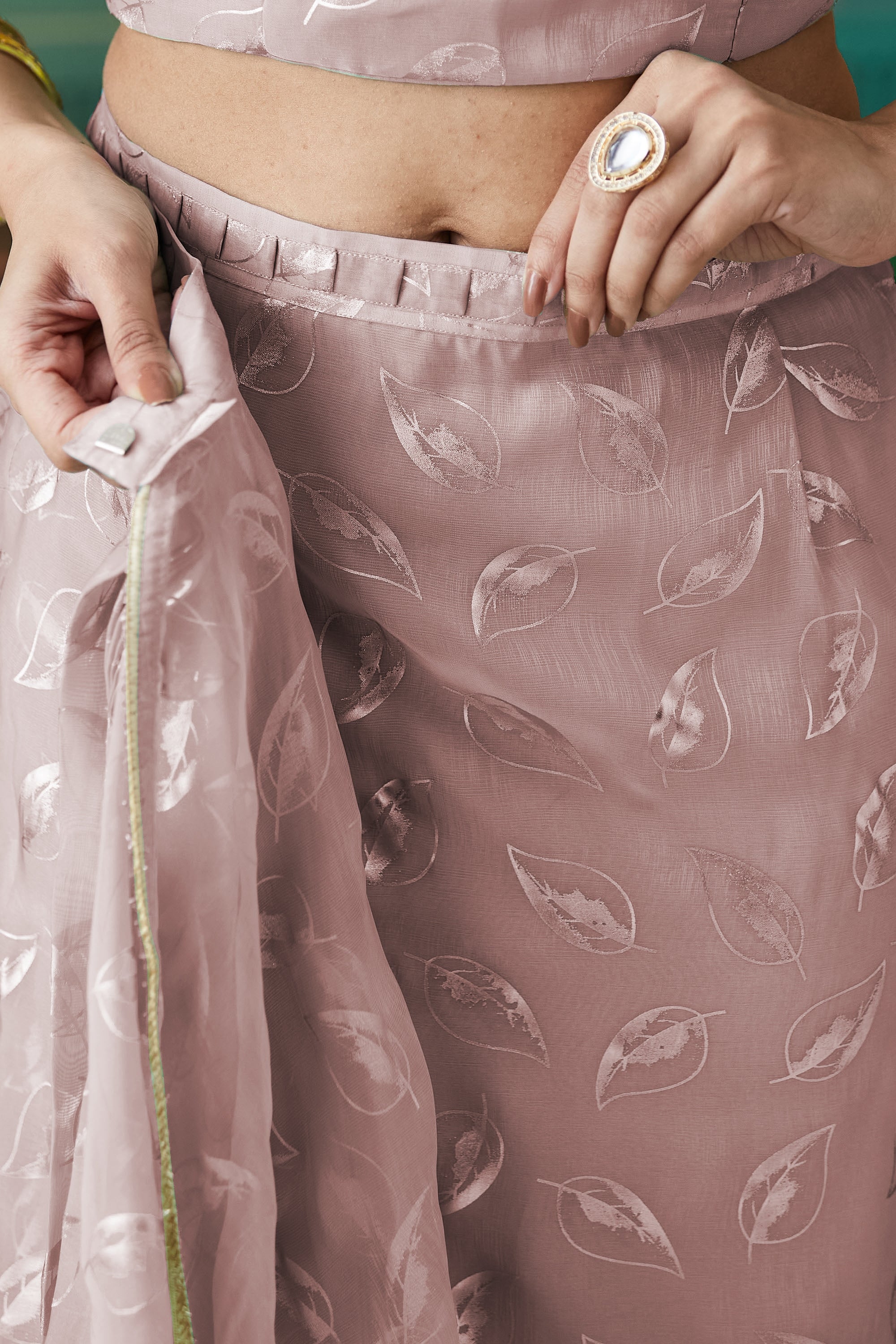 Peach Organza Solid Designer Foil Printed Saree