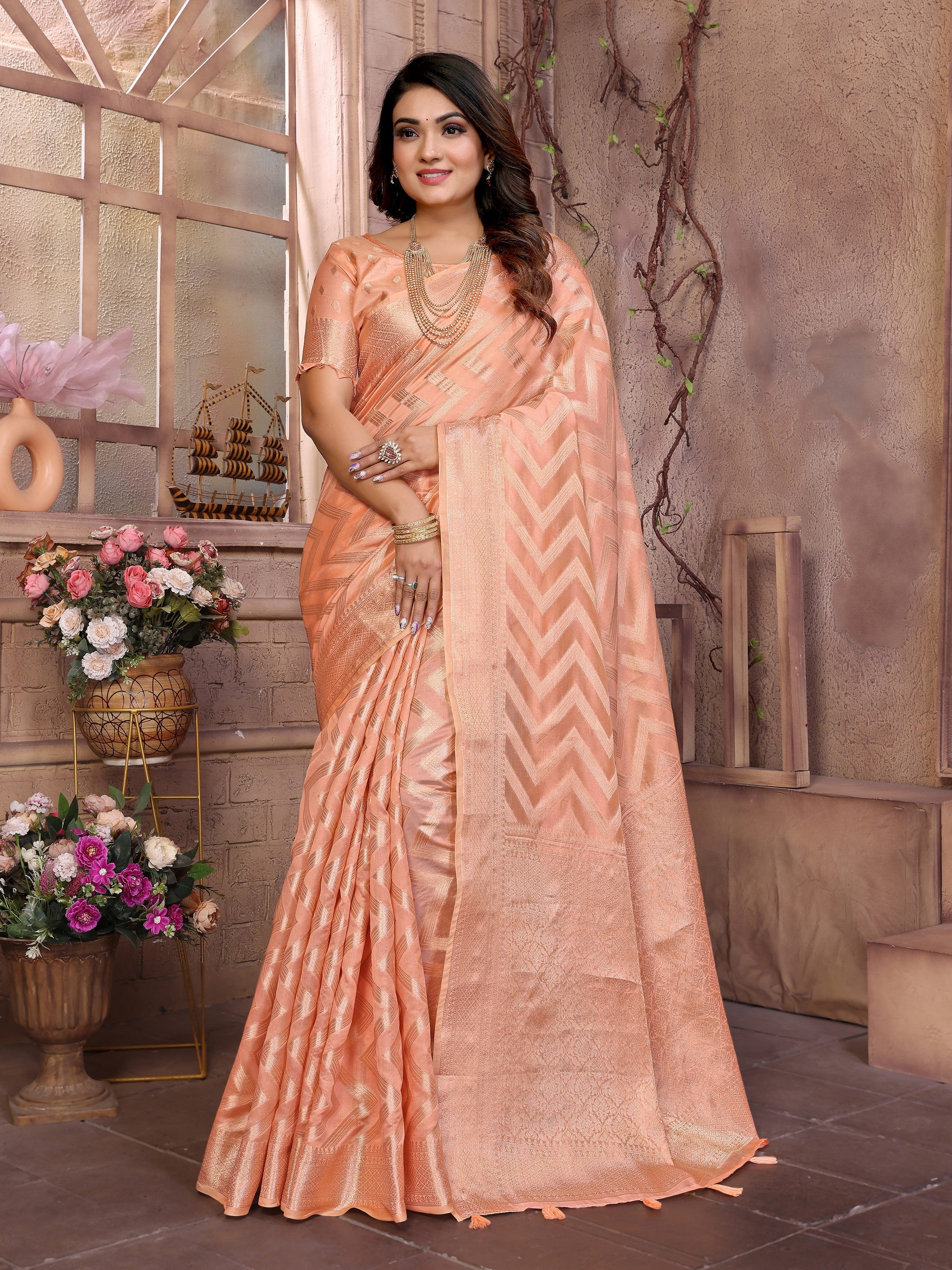 Peach Organza Woven Jari Designer Heavy Ceremonial Saree