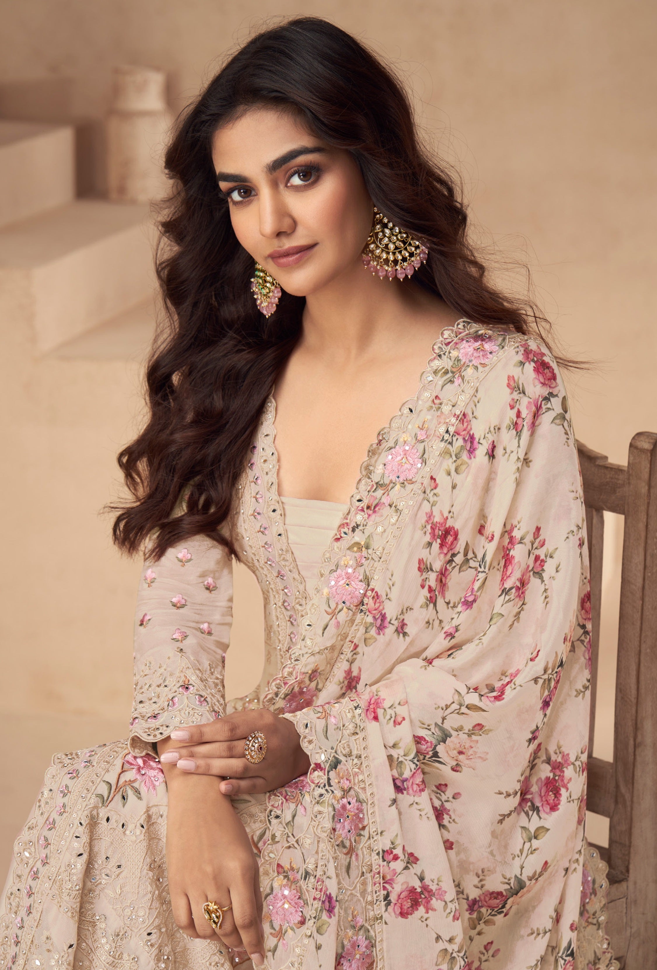 Peach Palazzo Style Salwar Suit With Heavy Embroidery Work