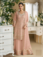 Peach Palazzo Style Salwar Suit With Heavy Embroidery Work