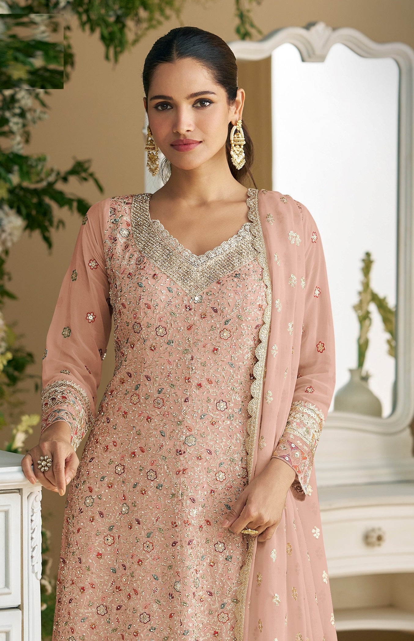 Peach Palazzo Style Salwar Suit With Heavy Embroidery Work