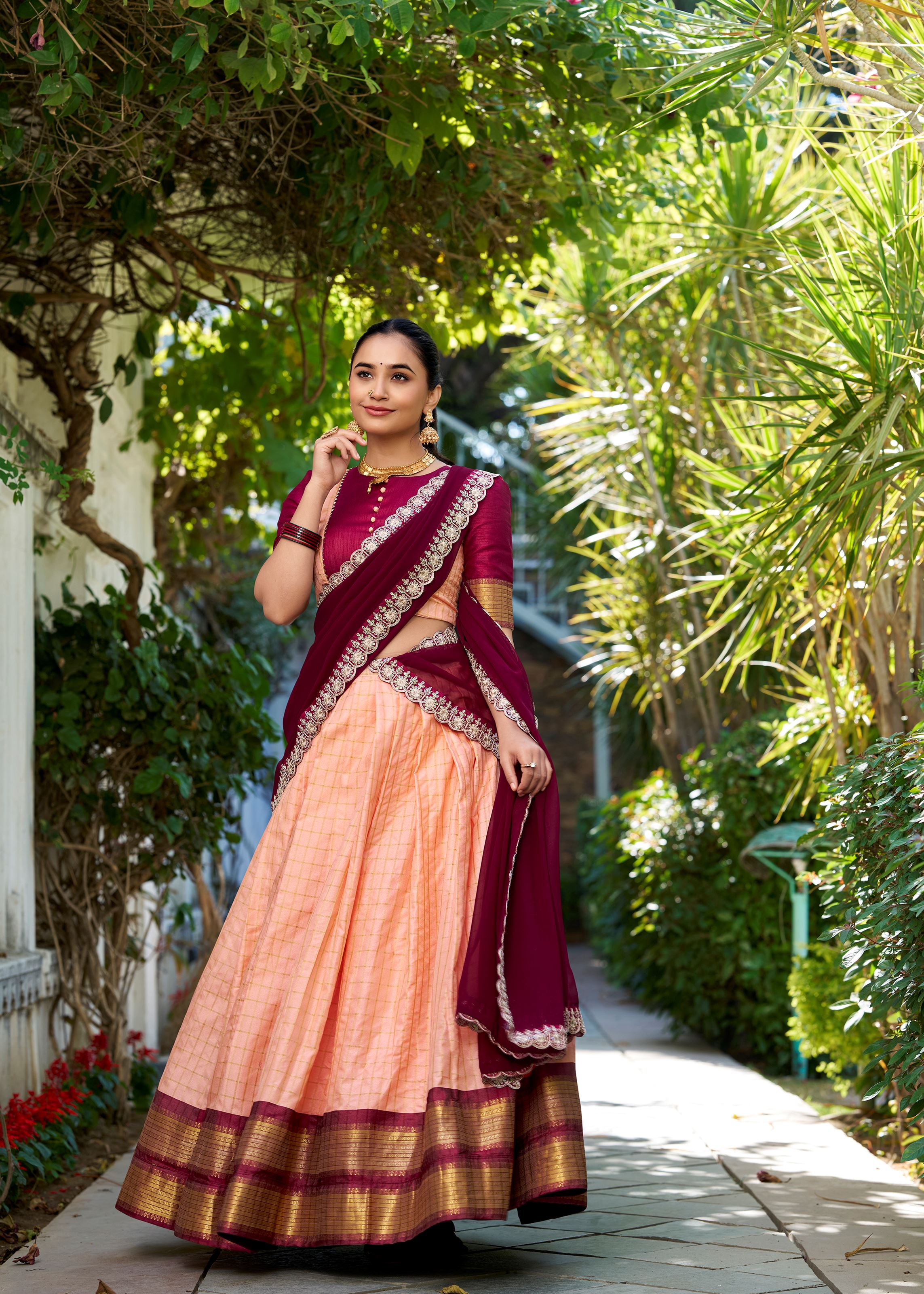 Peach Perfection Chex Pattern Zari Weaving Lehenga That Blends Elegance With Tradition