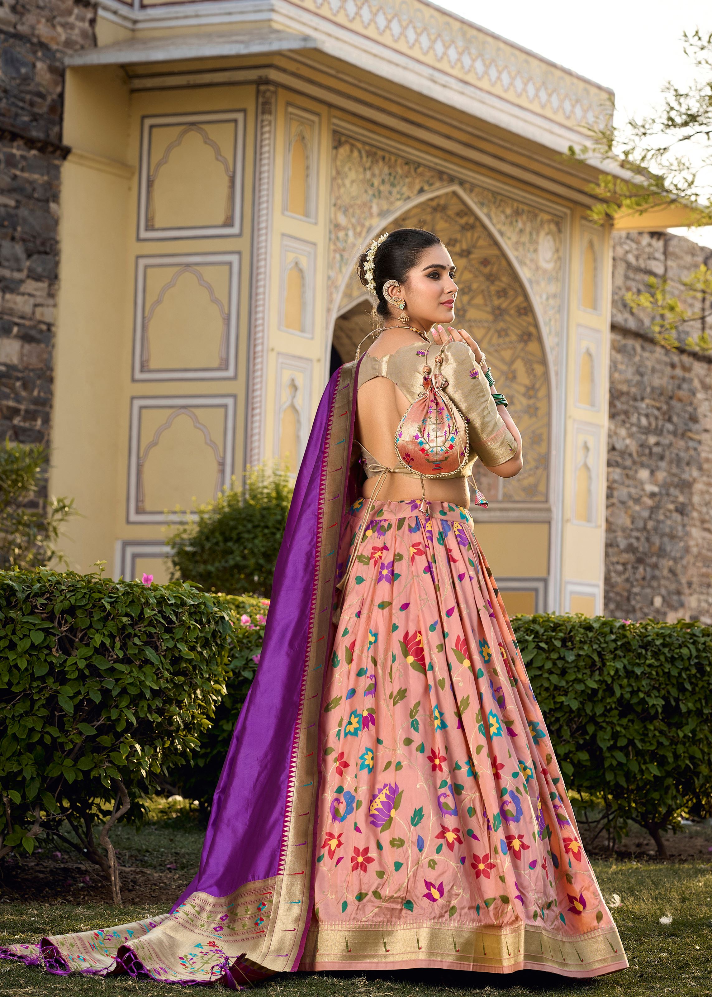 Peach Perfection Traditional Jacquard Silk Lehenga With Timeless Zari Elegance