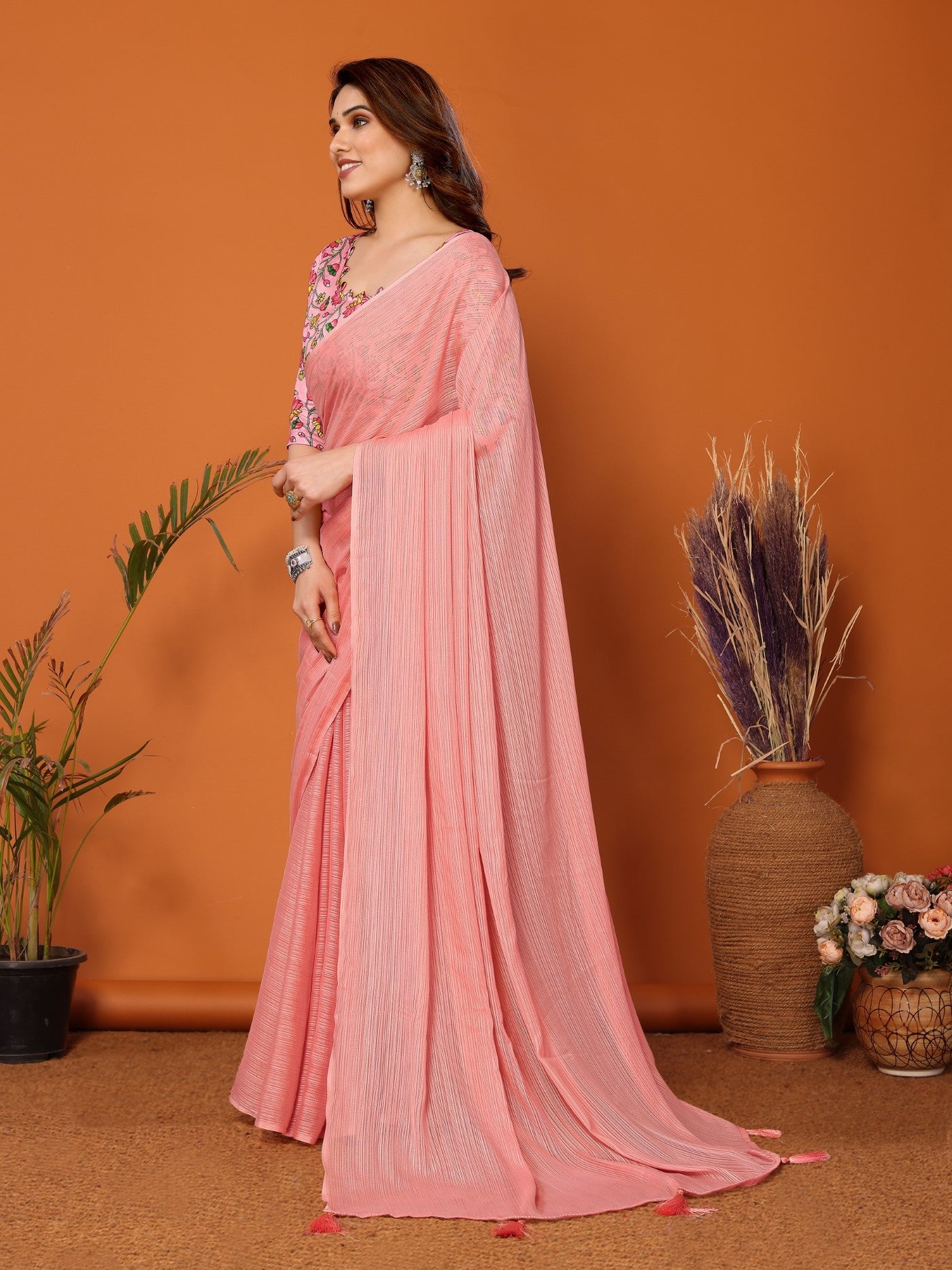 Peach Polyester Zari Saree With Plain Saree With Kalamkari Print Blouse
