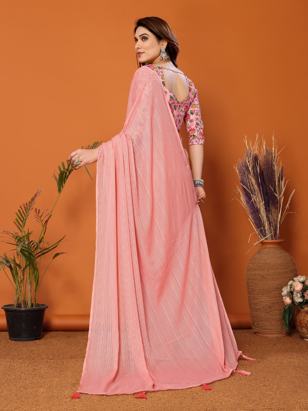 Peach Polyester Zari Saree With Plain Saree With Kalamkari Print Blouse
