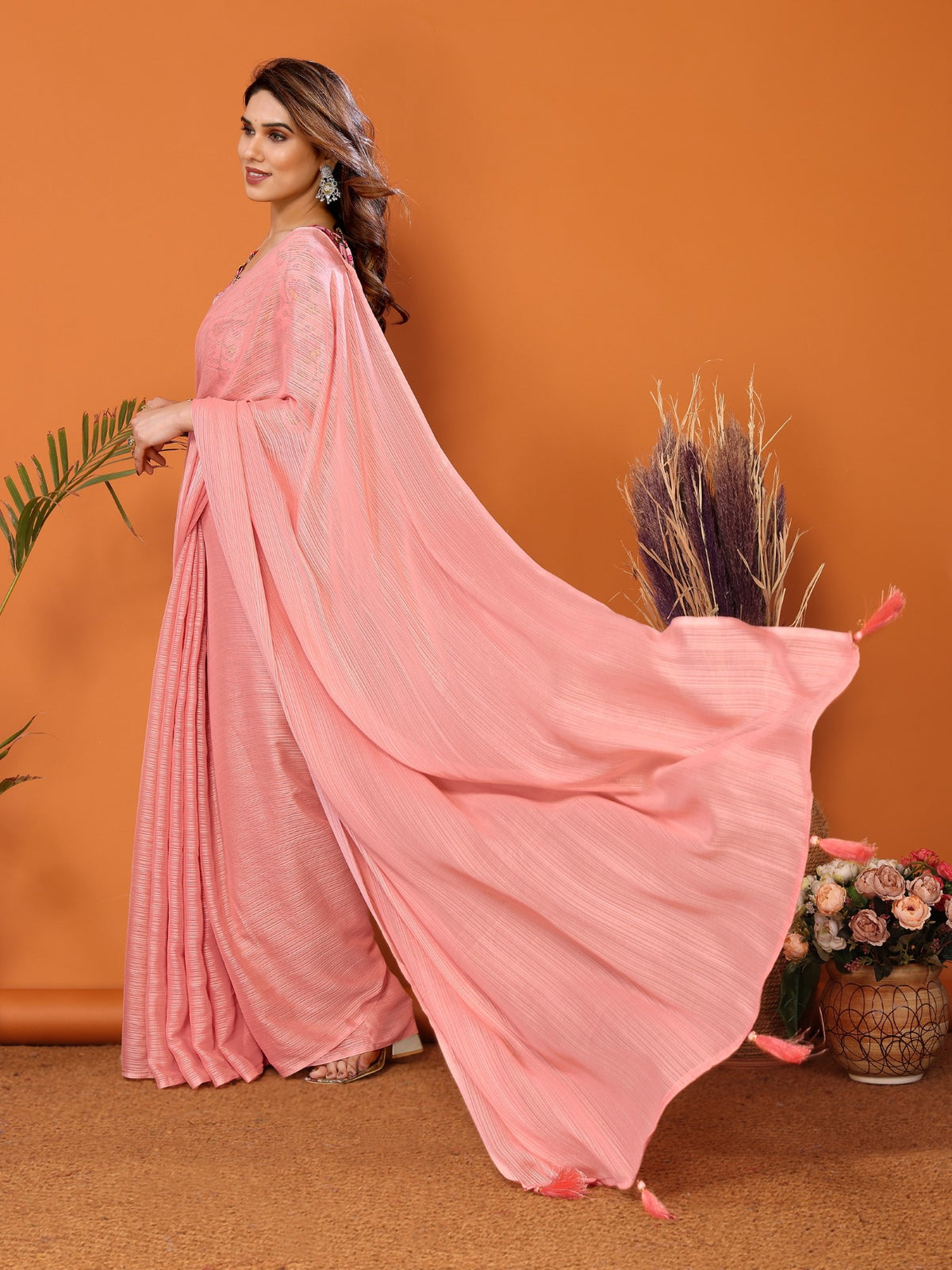 Peach Polyester Zari Saree With Plain Saree With Kalamkari Print Blouse