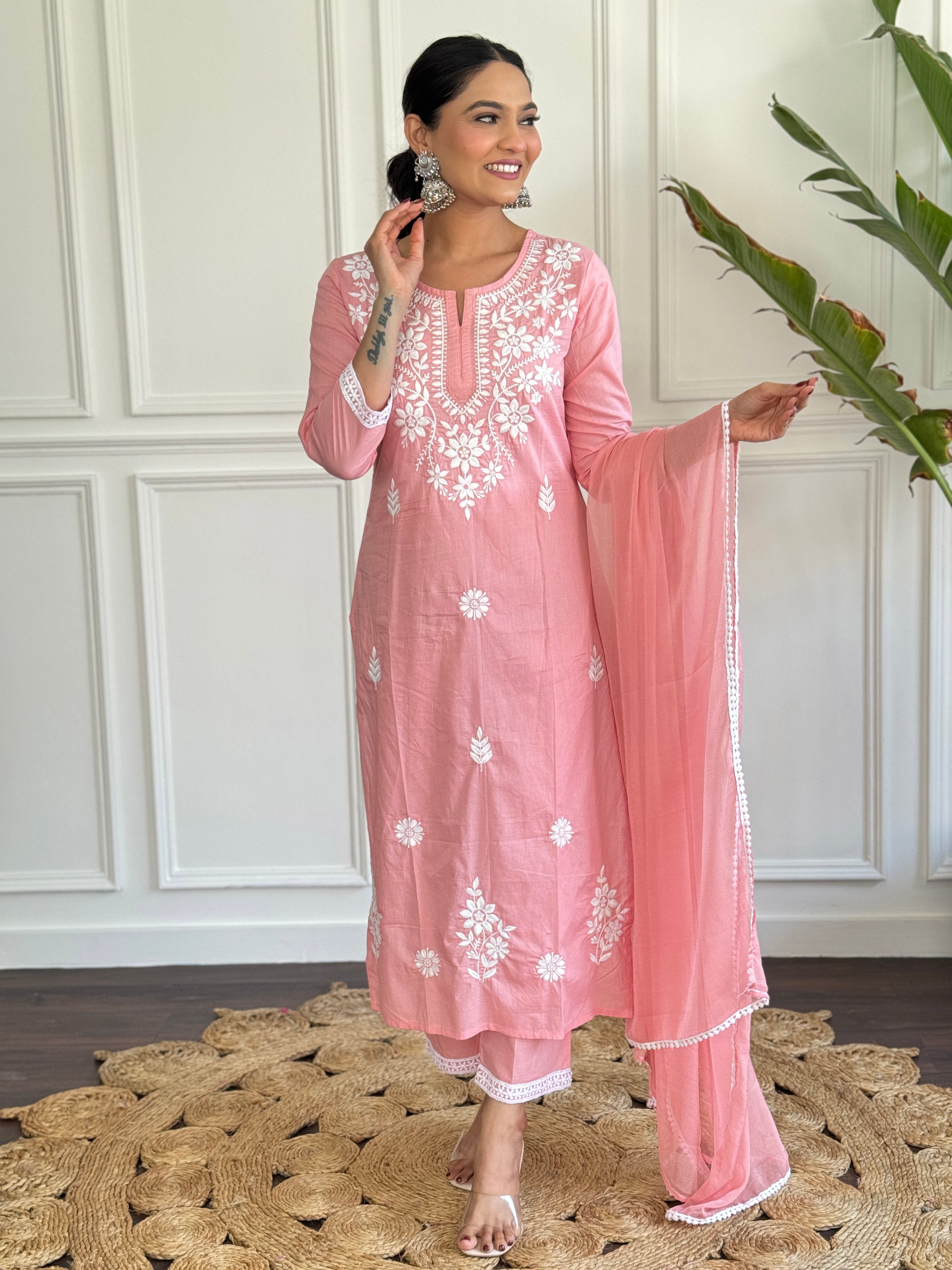 Peach Pure Cotton Elegant Kurta Pant Set With Chikankari Work