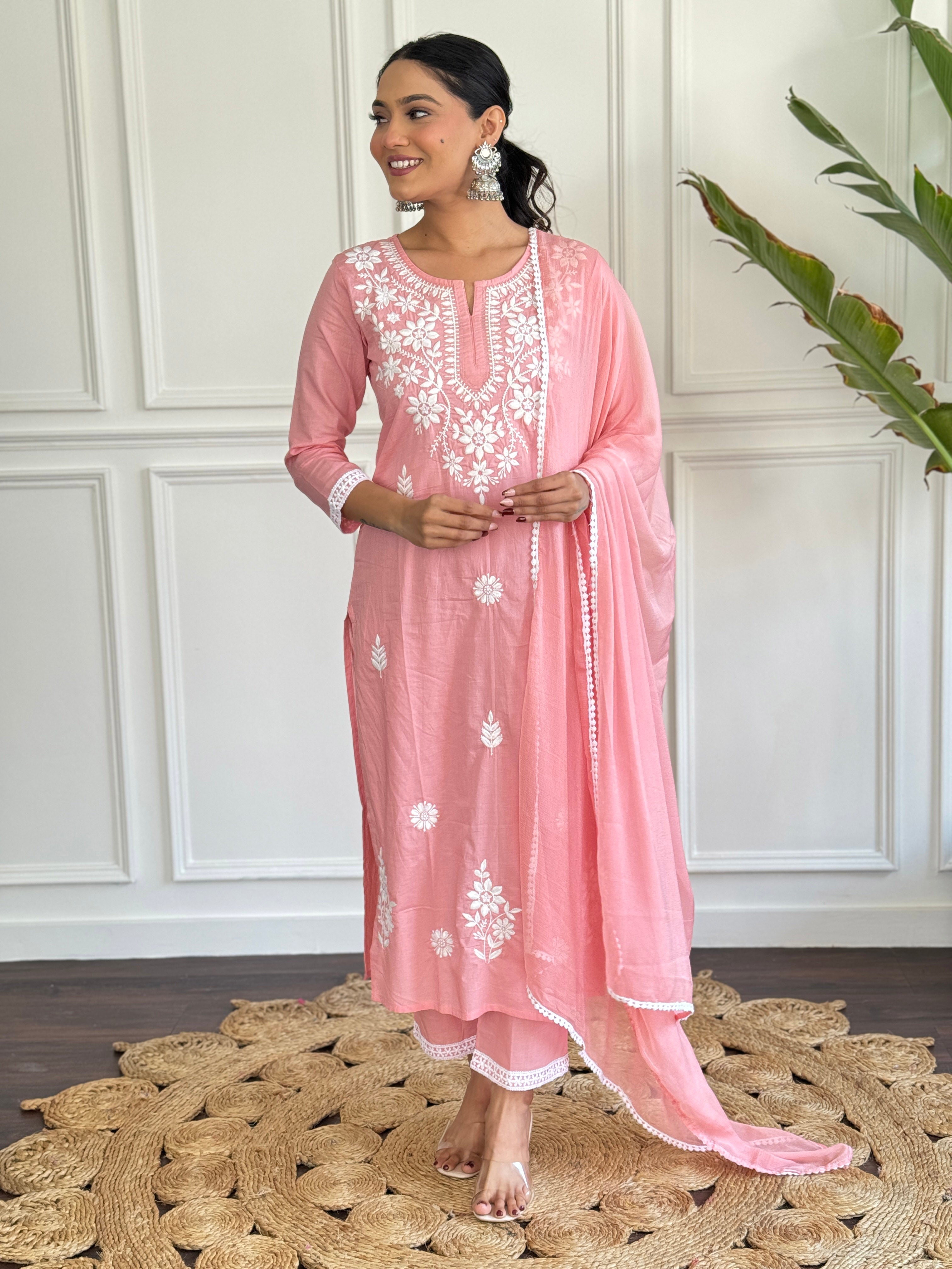 Peach Pure Cotton Elegant Kurta Pant Set With Chikankari Work