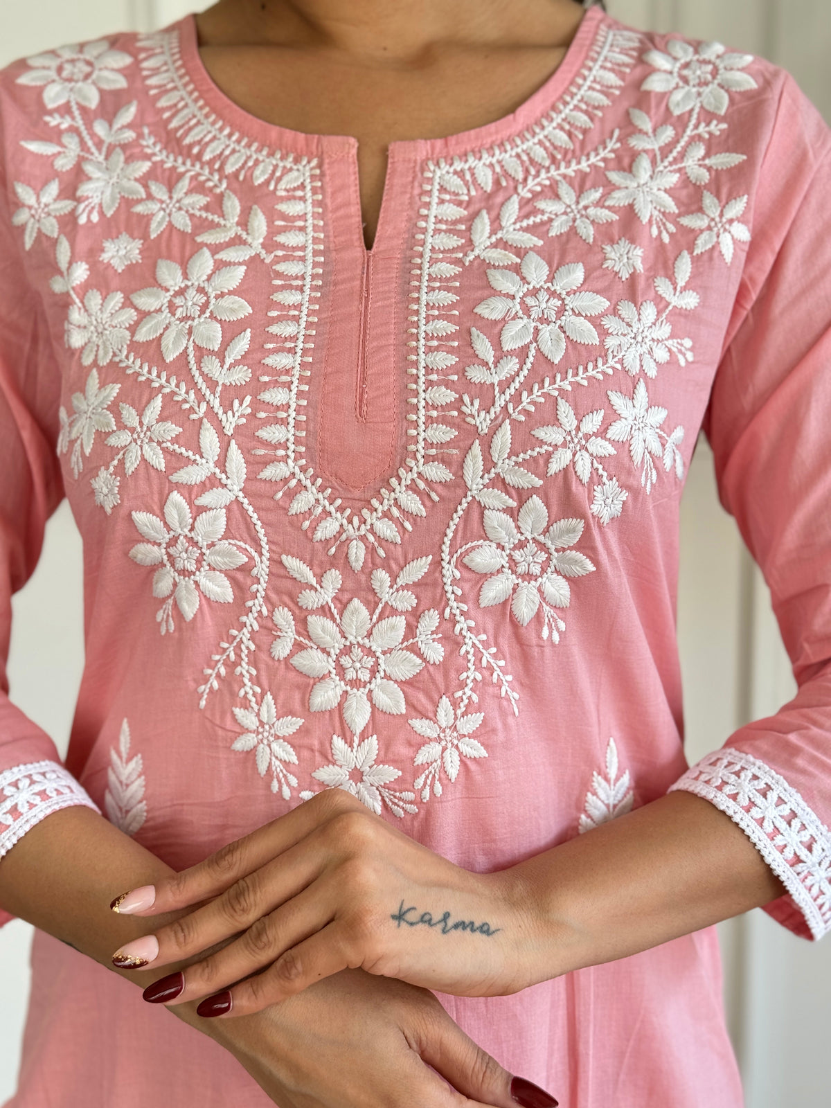 Peach Pure Cotton Elegant Kurta Pant Set With Chikankari Work
