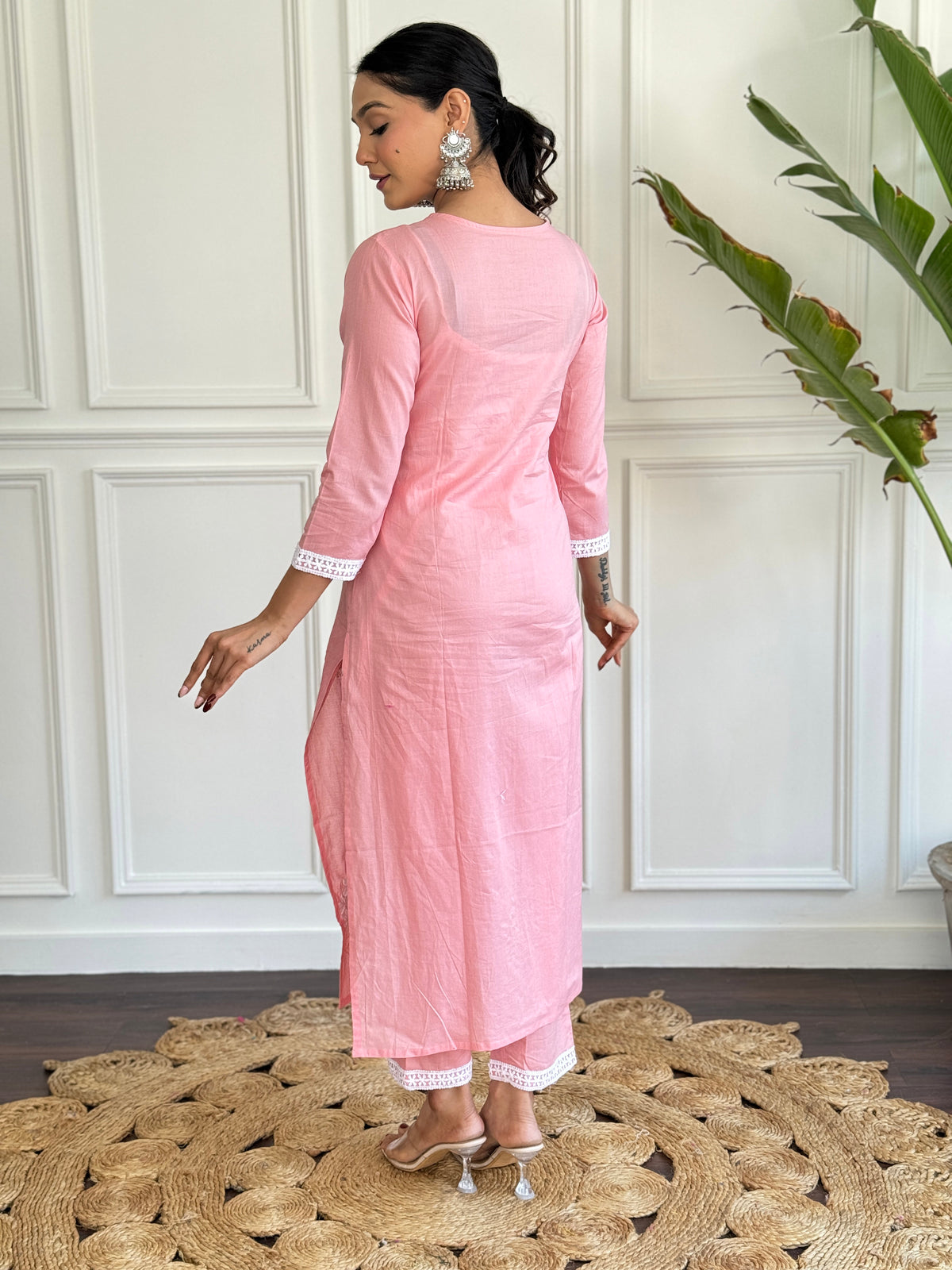 Peach Pure Cotton Elegant Kurta Pant Set With Chikankari Work