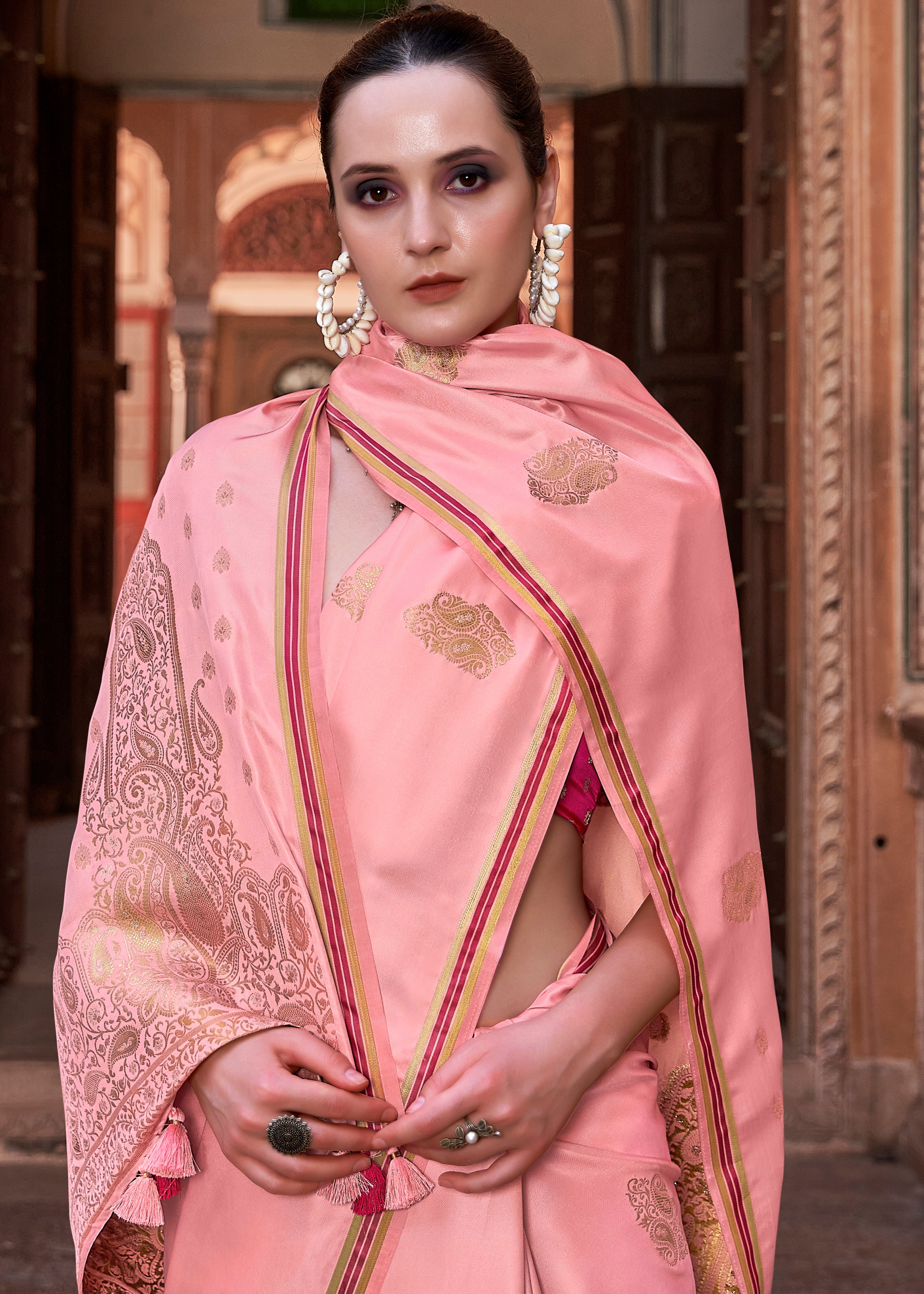 Peach Pure Satin Silk Saree With Woven Zari Work