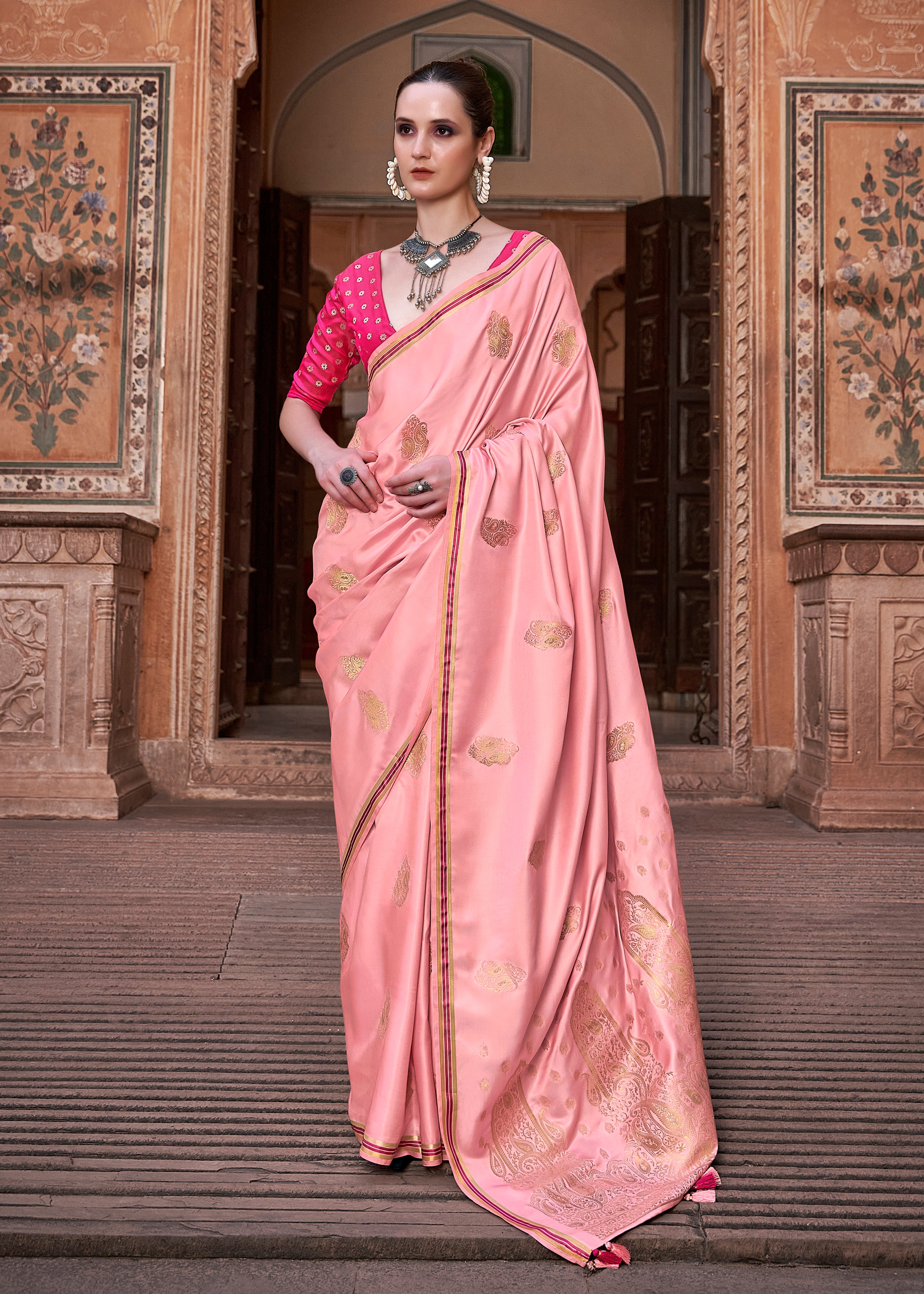 Peach Pure Satin Silk Saree With Woven Zari Work