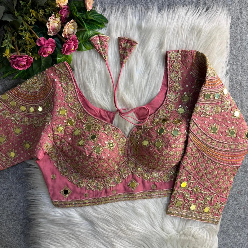 Peach Real Mirror Work Long Sleeve Bridal Blouse in Roman Silk with Embroidery & Sequins