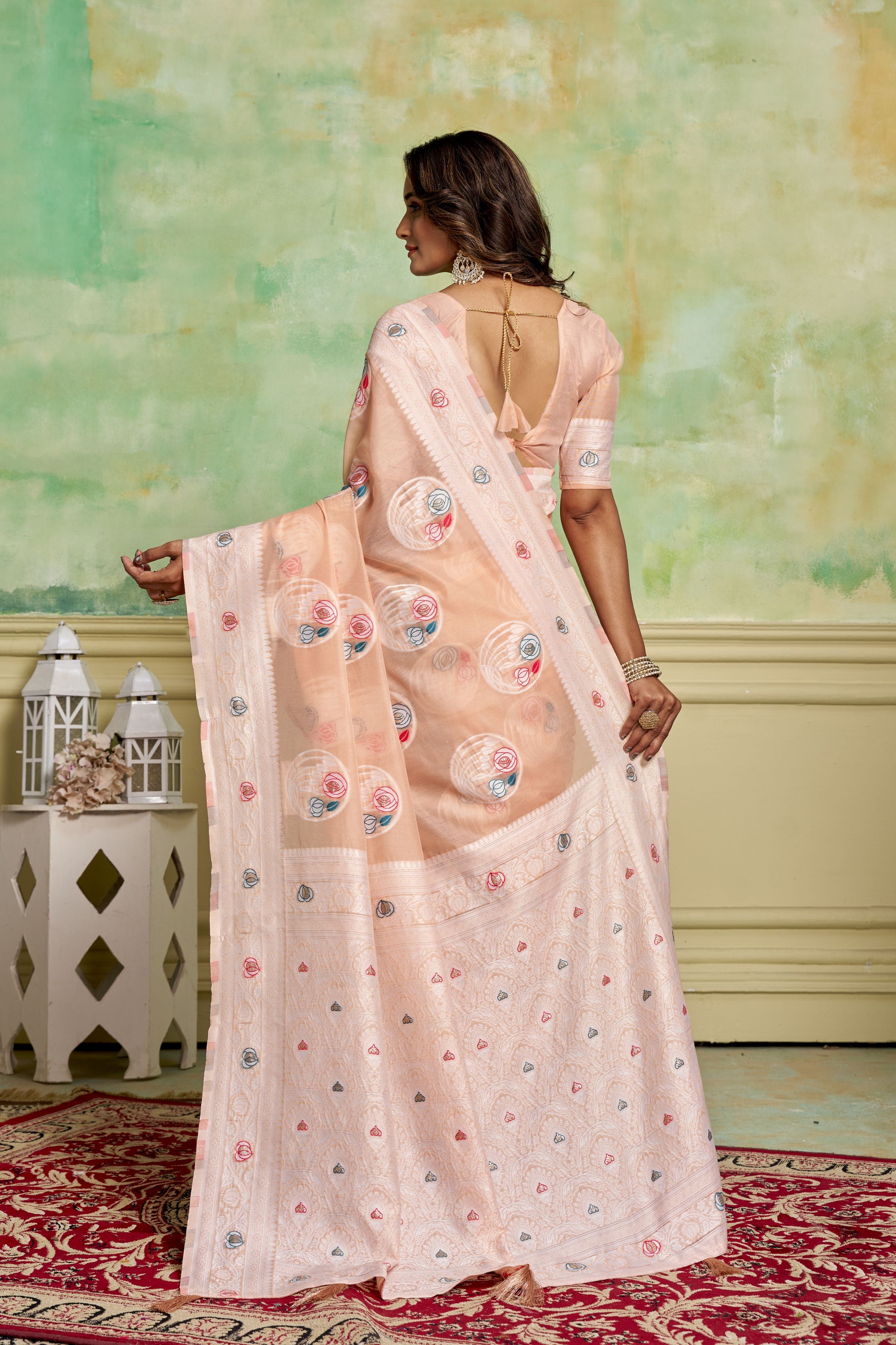 Peach Rich And Elegant Woven Designer Cotton Fabric Saree